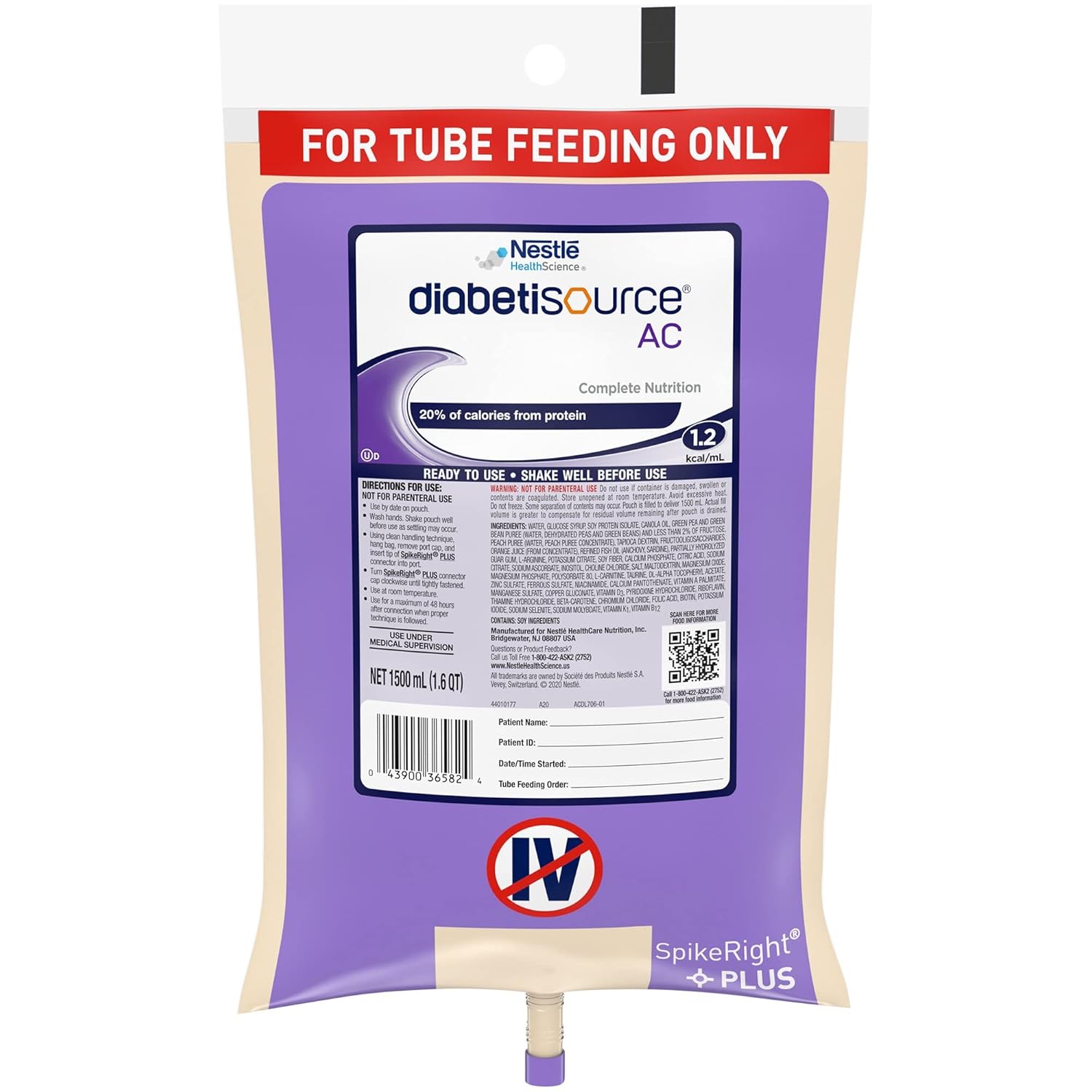 Nestle Diabetisource AC Tube Feeding Formula Unflavored 1500 mL Ready to Hang Prefilled Container 4 Ct