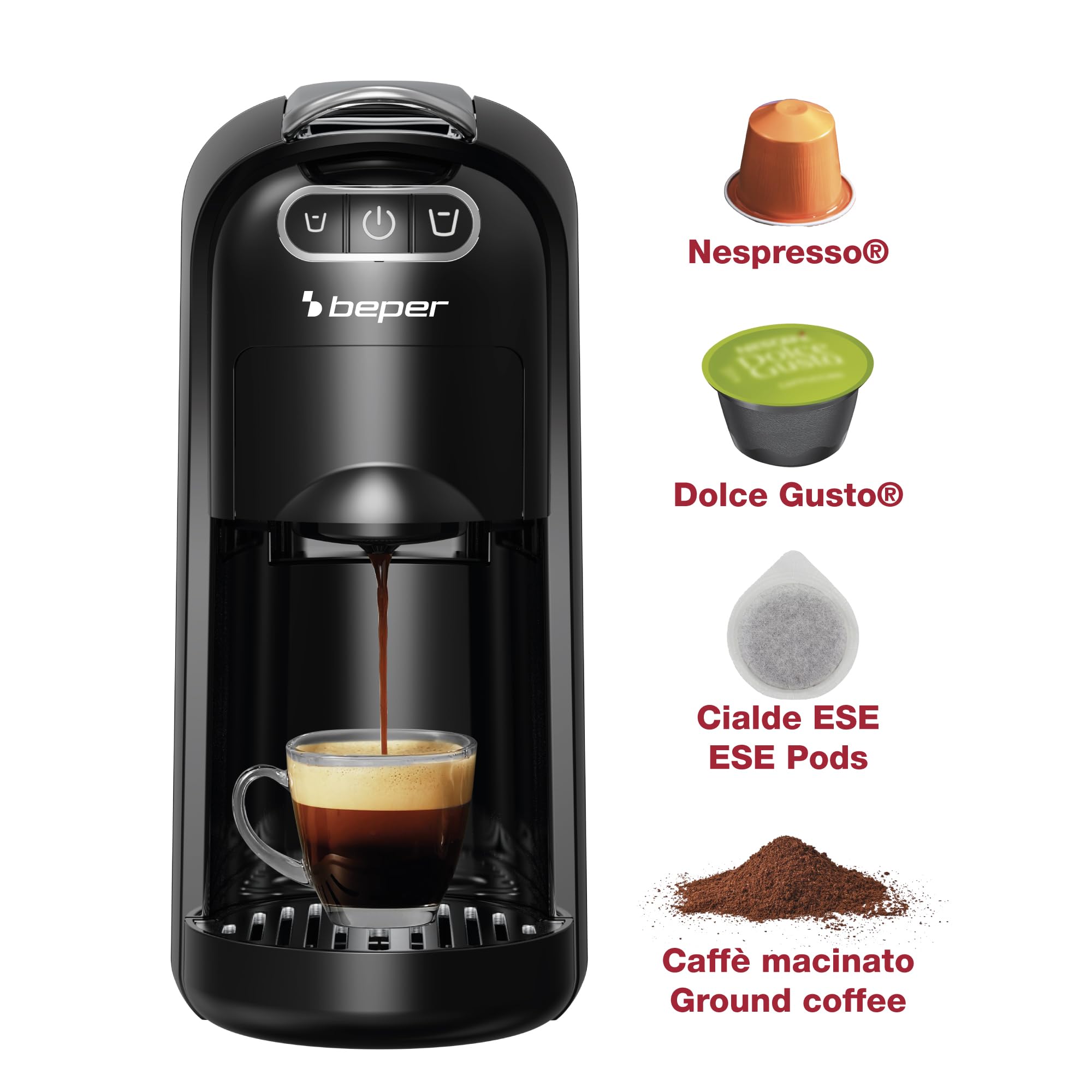 BEPER P101CAF200 Cafetera Espresso Amata 4 en 1, 20 bares, compatible con cápsulas Nespresso® y Dolce Gusto®, monodosis ESE y café molido, 1400 W, depósito de 700 ml