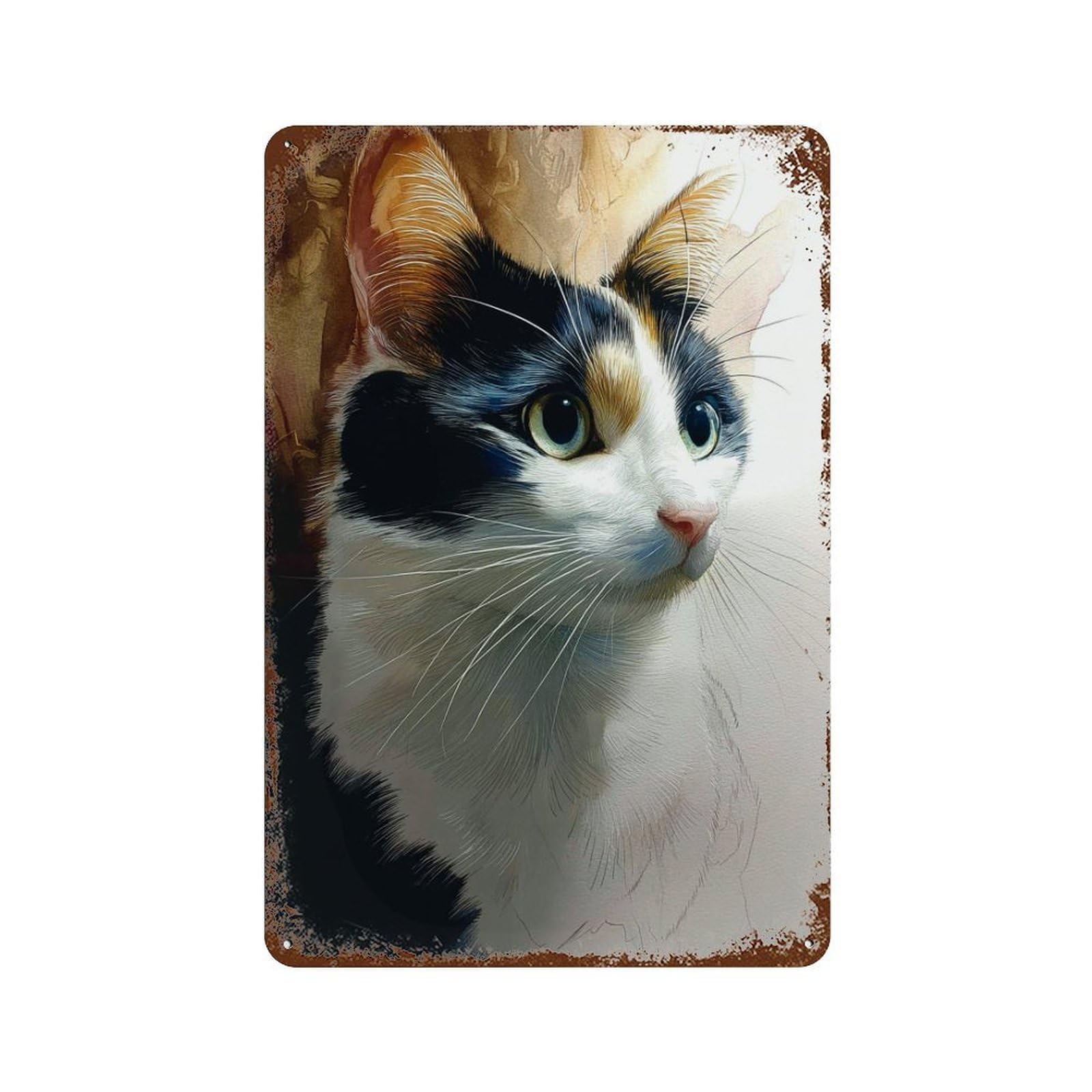 Adorable Calico Cat Portrait Rustic Tin Plaque 11.8"x7.9", Rustic Home Decor for Office, Studio And Wall Decor
