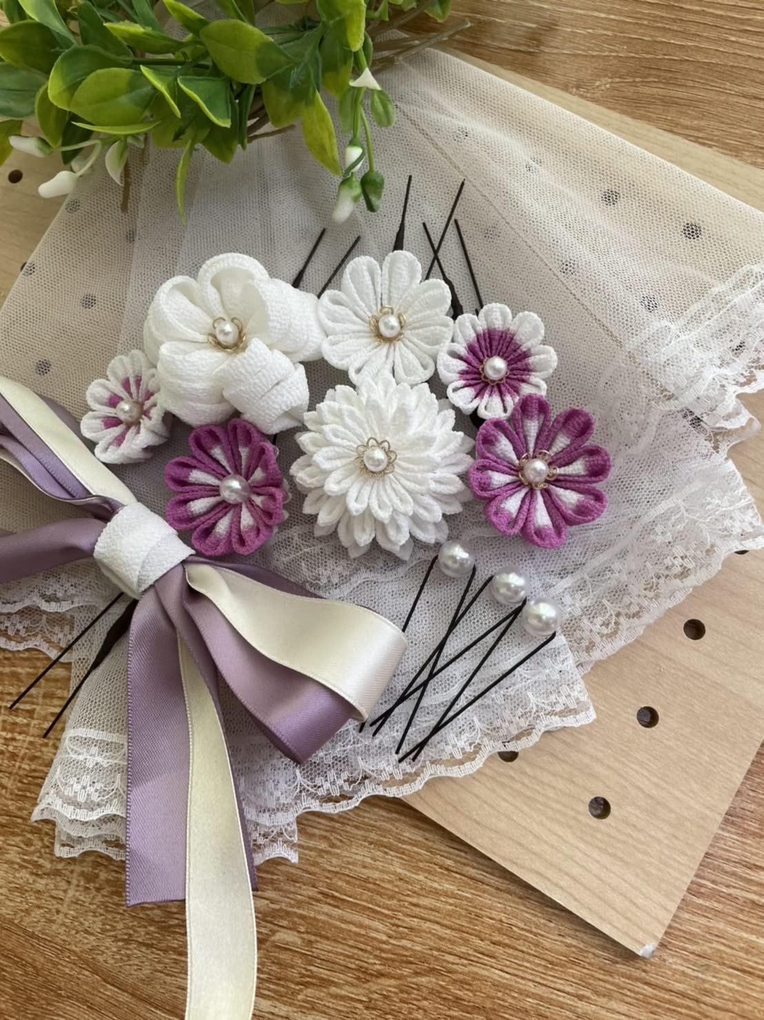 620番　西陣織リボンとつまみ細工の髪飾り 受注制作)つまみ細工 リボン髪飾り 大きめ17センチ西陣織 金蘭