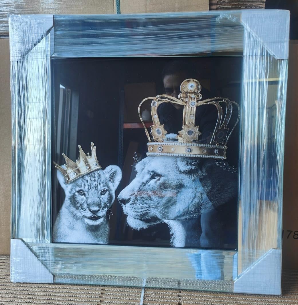 Biznest 3D Liquid Glitter Artwork In Mirrored Frame Lion Royal Family Golden Crown Diamante Wall Mounted Glass King Queen Cubs Black Gold Large Square Hand Made Home Decor 55 Cm (1X MOTHER, 1X BOY)