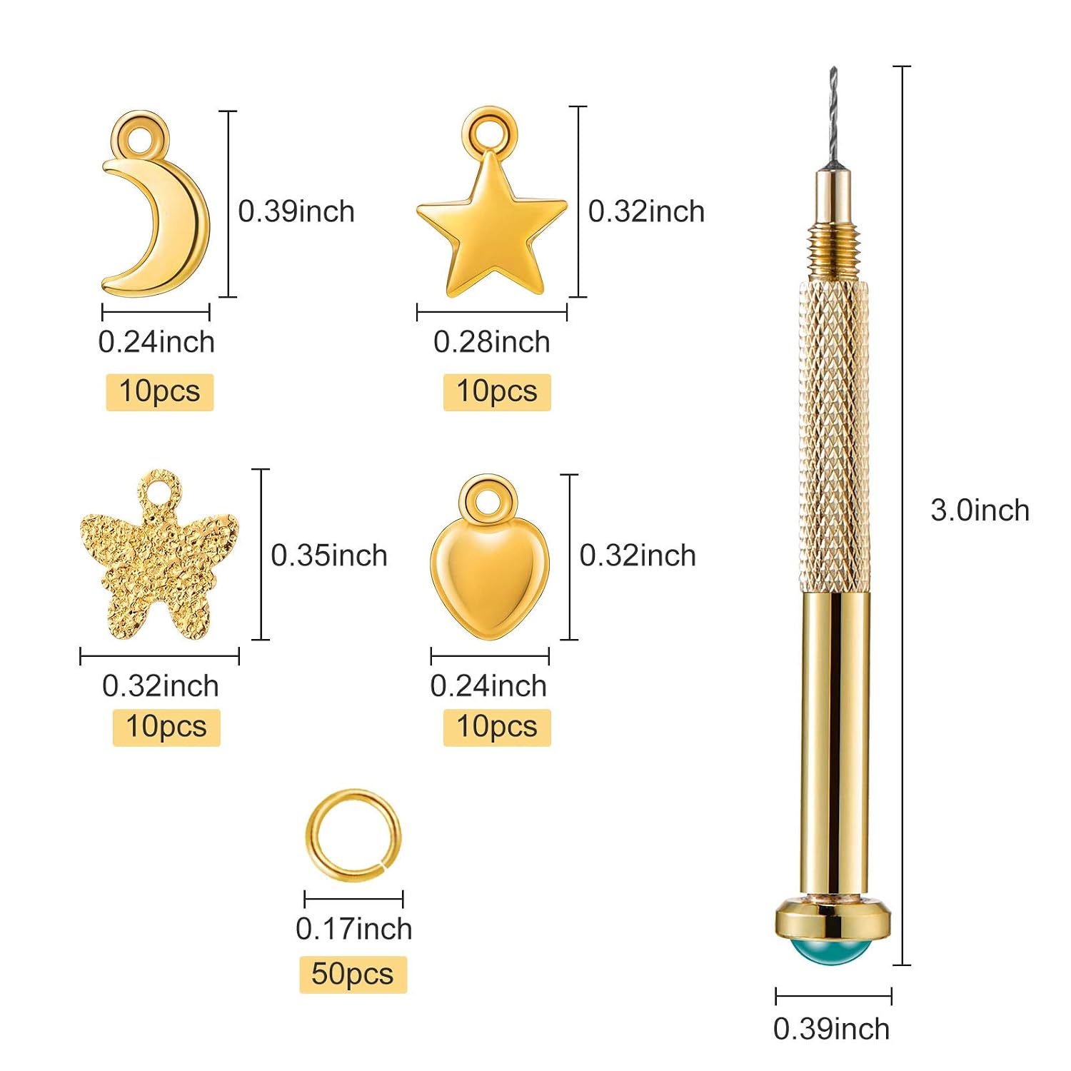 Hicarer 91 Pieces Nail Jewelry Rings with Piercing Tool Hand Drill, Pierced Fingernail Jewel Dangle Nail Art Golden Color Charms for Acrylic Tips DIY Art, Moon, Star, Butterfly, Heart