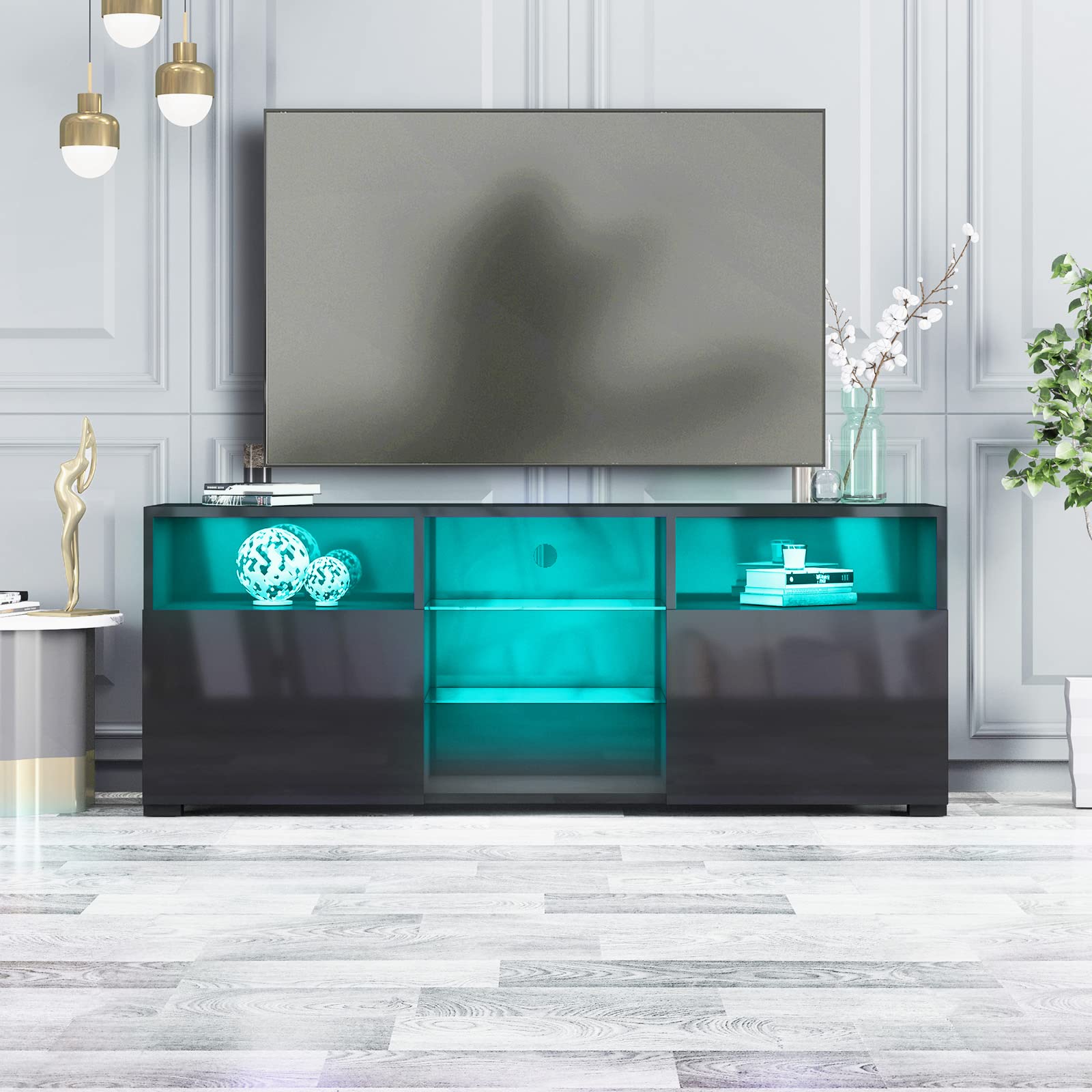 Buy Mjkone Black TV Stand with Storage High Gloss Television Stands with RGB LED Light