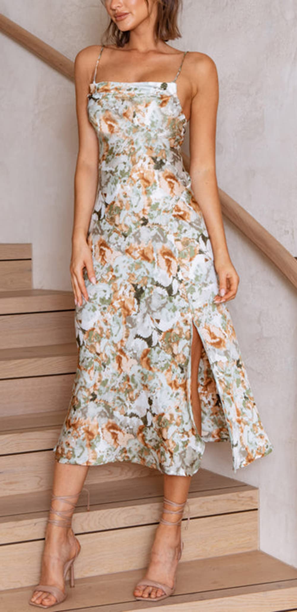 Tsher Women's Sleeveless Spaghetti Strap Satin Wedding Guest Party Dress Cowl Neck Backless Midi Formal Dresses