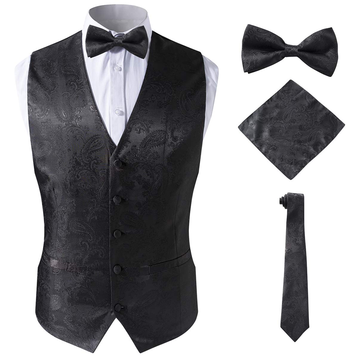 SuiSionalMens Black Vest with Neck Tie Hanky for Party Black Vest for Men,Black,3XL