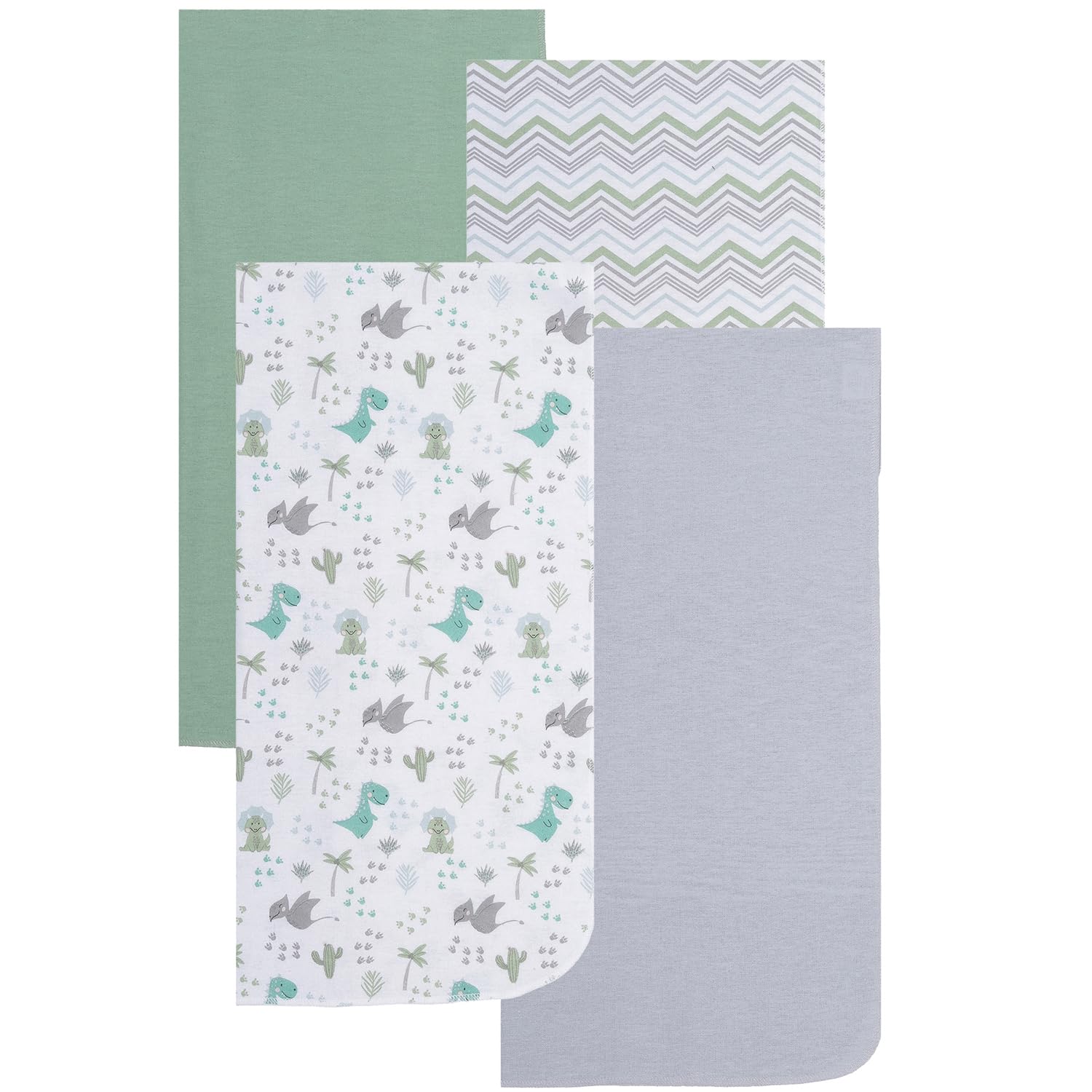 EVERYDAY KIDS 4 Pack Soft Flannel Receiving Blanket Set for Boys; Green/Gray Baby Swaddle Blankets for Newborn Nursery with Baby Dinosaurs, Chevron Striped Pattern, Solids