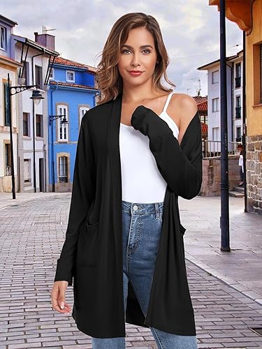 Miniatura 5 de TownCat Cárdigan ligero para mujer con bolsillo, manga larga, frente abierto, casual, cárdigan suelto para mujer (negro 1, XXL)