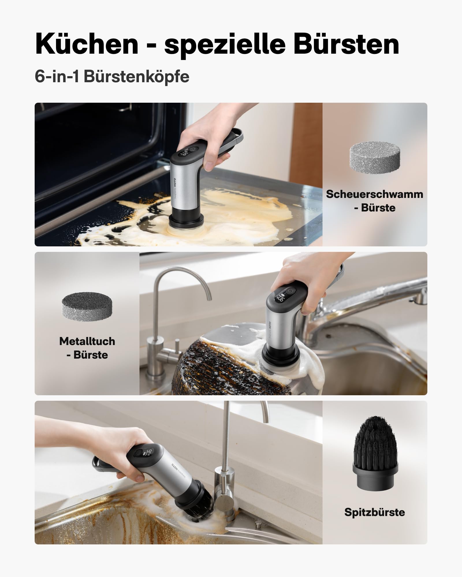 HOTO Akku Elektrische Reinigungsbürste mit 6 Bürstenköpfen, IPX7 Wasserdicht, Fugenreiniger für Fliesen, Spüle, Grillpfanne, Herdplatte, Kochgeschirr, Backofen, Pfannen, Bad und Geräte Putzbürste