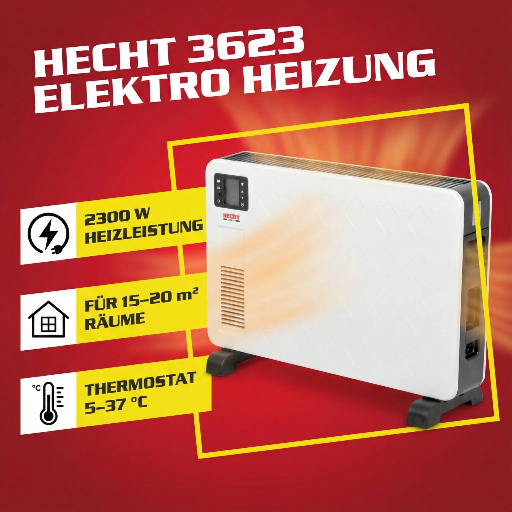 HECHT Elektroheizung – Heizgerät mit 3 Leistungsstufen | Elektro-Heizung mit Fernbedienung und Thermostat – Heizgerät für Räume mit 3 Leistungsstufen