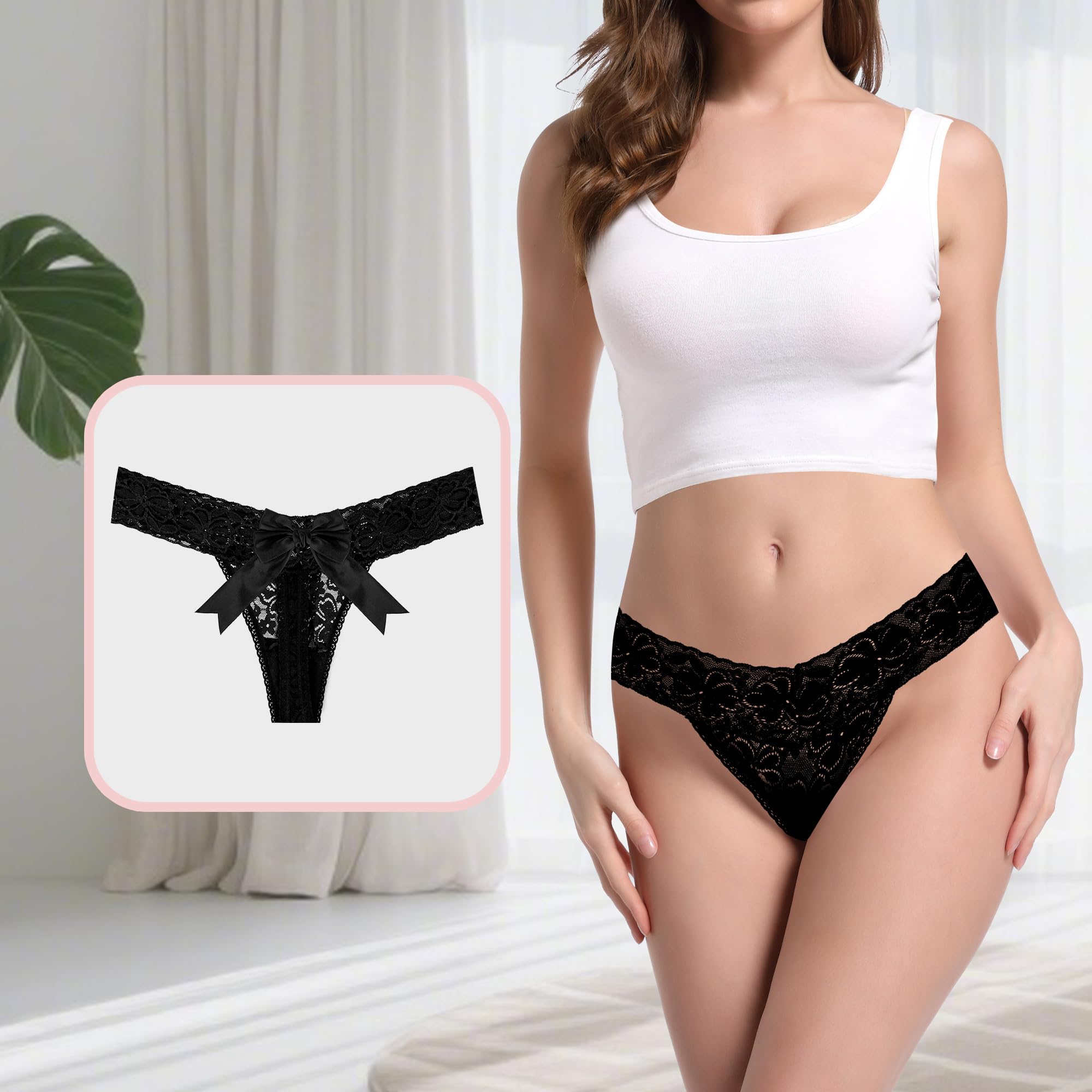 Lot de 4 strings en dentelle pour femme avec nœud papillon et culotte taille moyenne Blanc Noir Violet Rouge Taille XS à 4XL