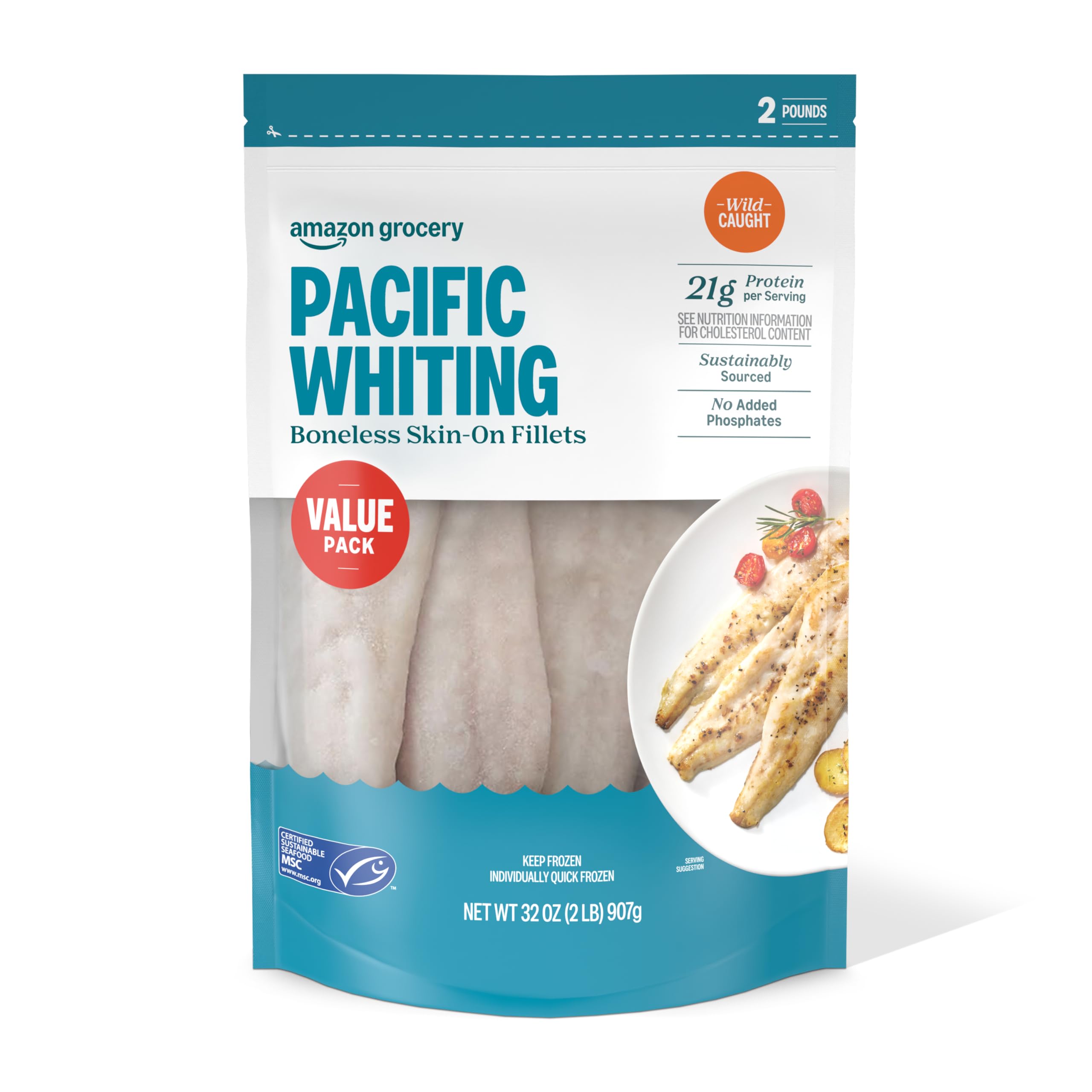 Amazon Grocery, Wild Caught Pacific Whiting, Boneless Skin-On Fillets, Value Pack, 32 oz (Previously Amazon Fresh, Packaging May Vary) : Grocery & Gourmet Food