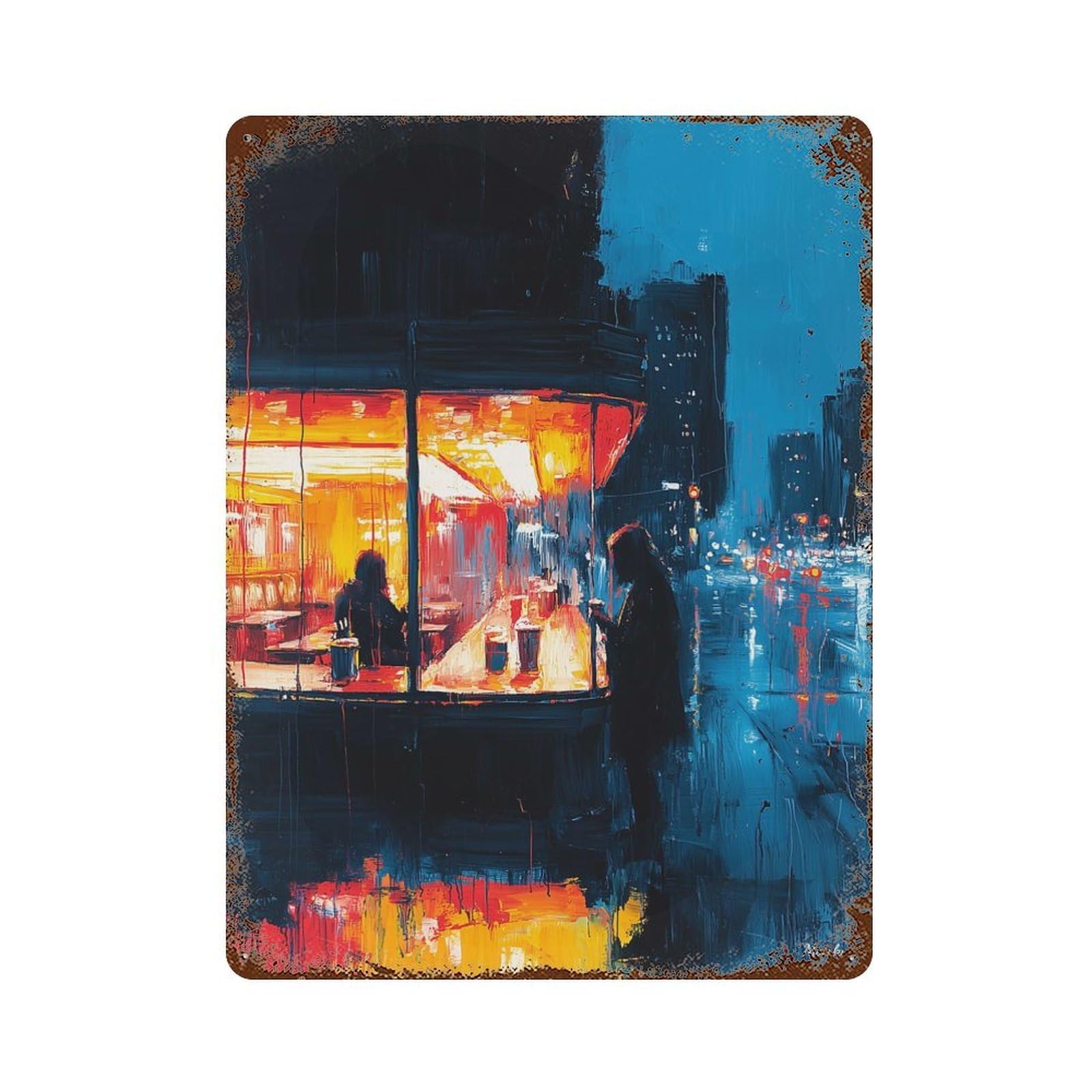 Distressed Metal Wall Sign with Expressionist Urban Night Café – Bold Cinematic Cityscape Design 15.7"x11.8", for Cafe, Home Bar And Lounge Decor, Retro Wall Decor