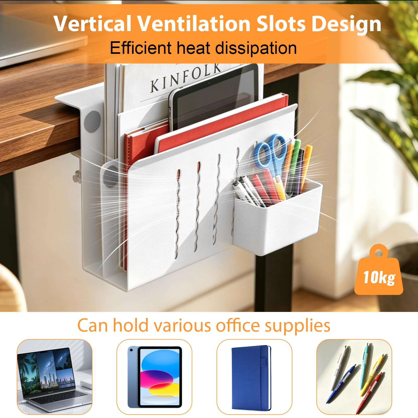 Schreibtisch Seitenaufbewahrung, Verstellbar Seitenständer Laptop Stand Kein Bohrer mit Magnetischer Stifthalter Doppellagig Desk Side Storage Notebook Halterung für Büro Zuhause, Weiß