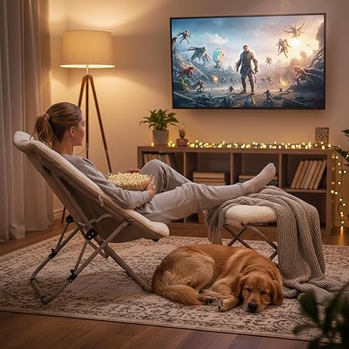 Miniatura 2 de Tiita Silla plegable con otomana recta, silla plegable de gran tamaño de piel sintética suave, silla perezosa, silla de luna con marco de metal para