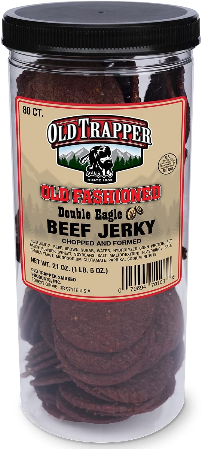 Old Trapper Double Eagle Beef Jerky, Old-Fashioned Flavor, 21oz. 80-Piece Jar, Natural Wood Smoked Meat Snacks, 10 Grams of Protein and 80 Calories per Serving (Pack of One)