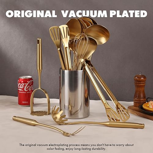 Miniatura 5 de Juego de Utensilios de Cocina Dorados Juego de Cucharas Pequeñas y Grandes de Acero Inoxidable 1810, 16 PIEZAS Herramientas de Cocina Totalmente de