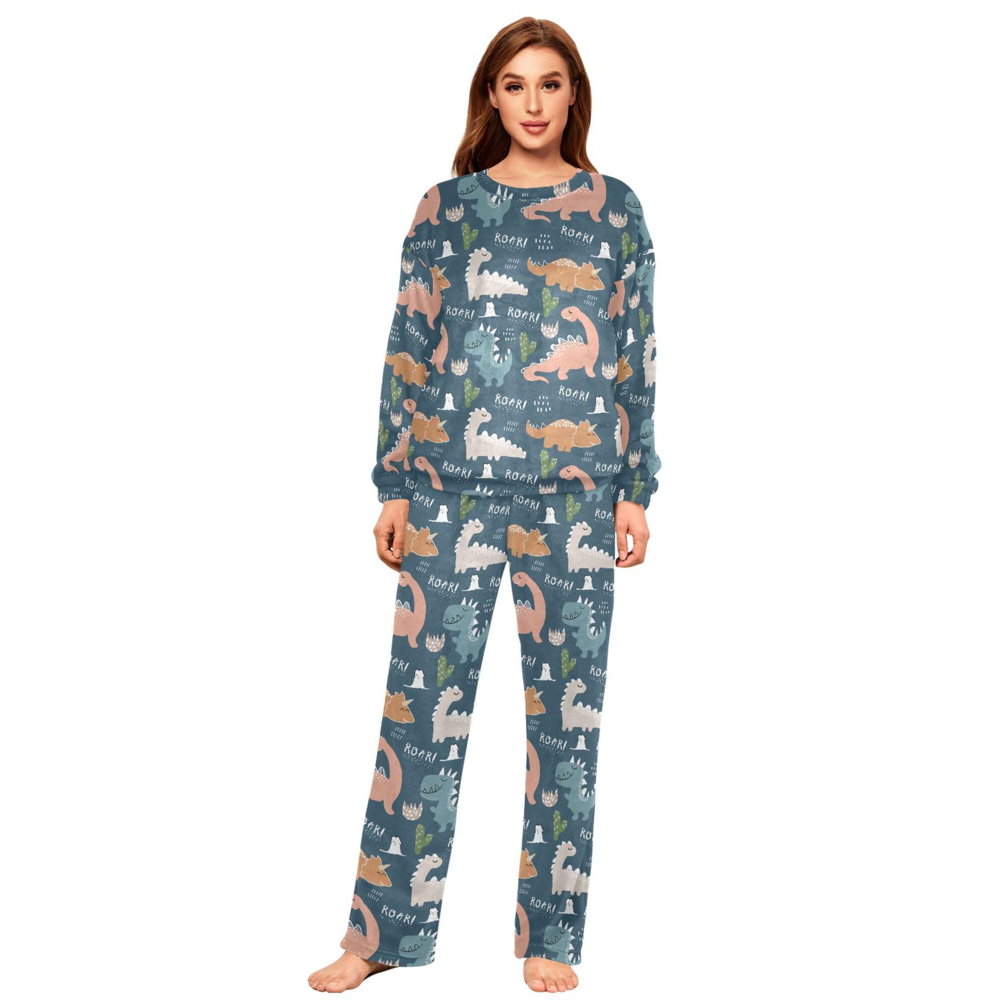 ALAZA Conjunto de pijama de forro polar para mujer, diseño de búho, luna y nubes, ropa de dormir de manga larga, ropa de dormir de dos piezas, ropa de dormir térmica, pijama súper suave, talla S