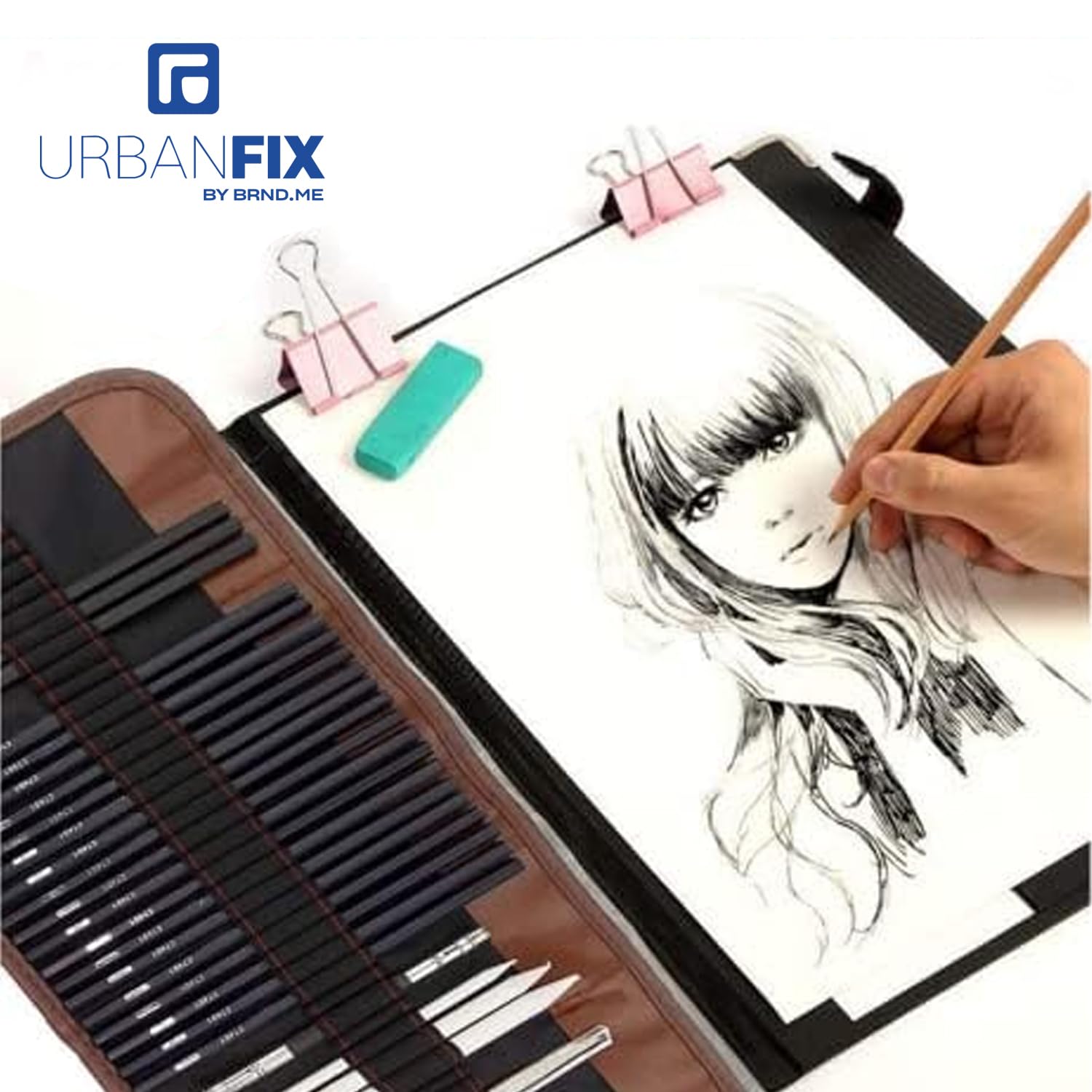 URBANFIX 29 Pieces Professional Sketching & Drawing Art Tool Kit with Graphite Pencils, Charcoal Pencils, Paper Erasable Pen, Craft Knife-Lightwish (with Canvas Rolling Pouch) 2