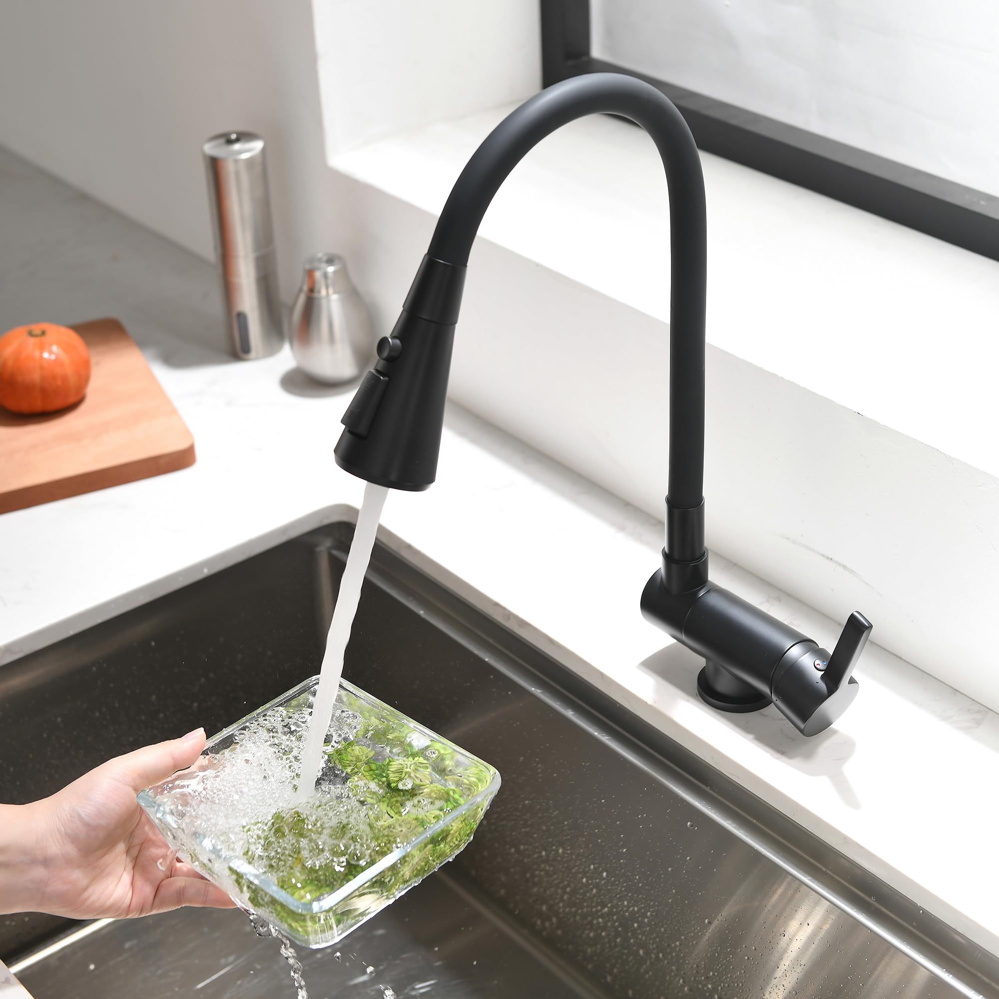 Grifo Cocina Abatible negro,Rotación Y Flexión De 360°,grifos Abatibles Cocina,3 Modos De Pulverización De Agua,Grifo De Fregadero Plegable,Grifo Monomando Bajo Ventana De Material De Latón