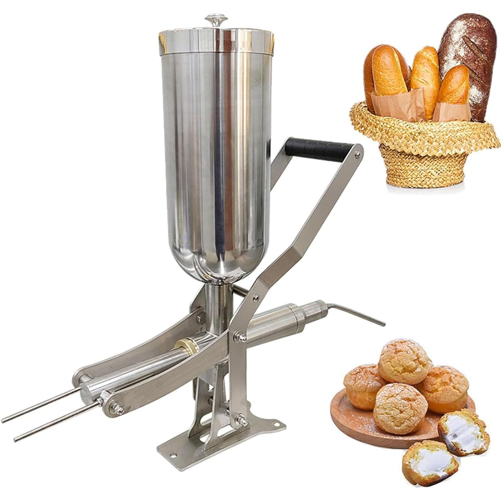 Esta máquina Manual para Rellenar donas, de Acero Inoxidable de 5 litros con Dos boquillas y precisión de 1 g, es Ideal para cocinas y restaurantes.