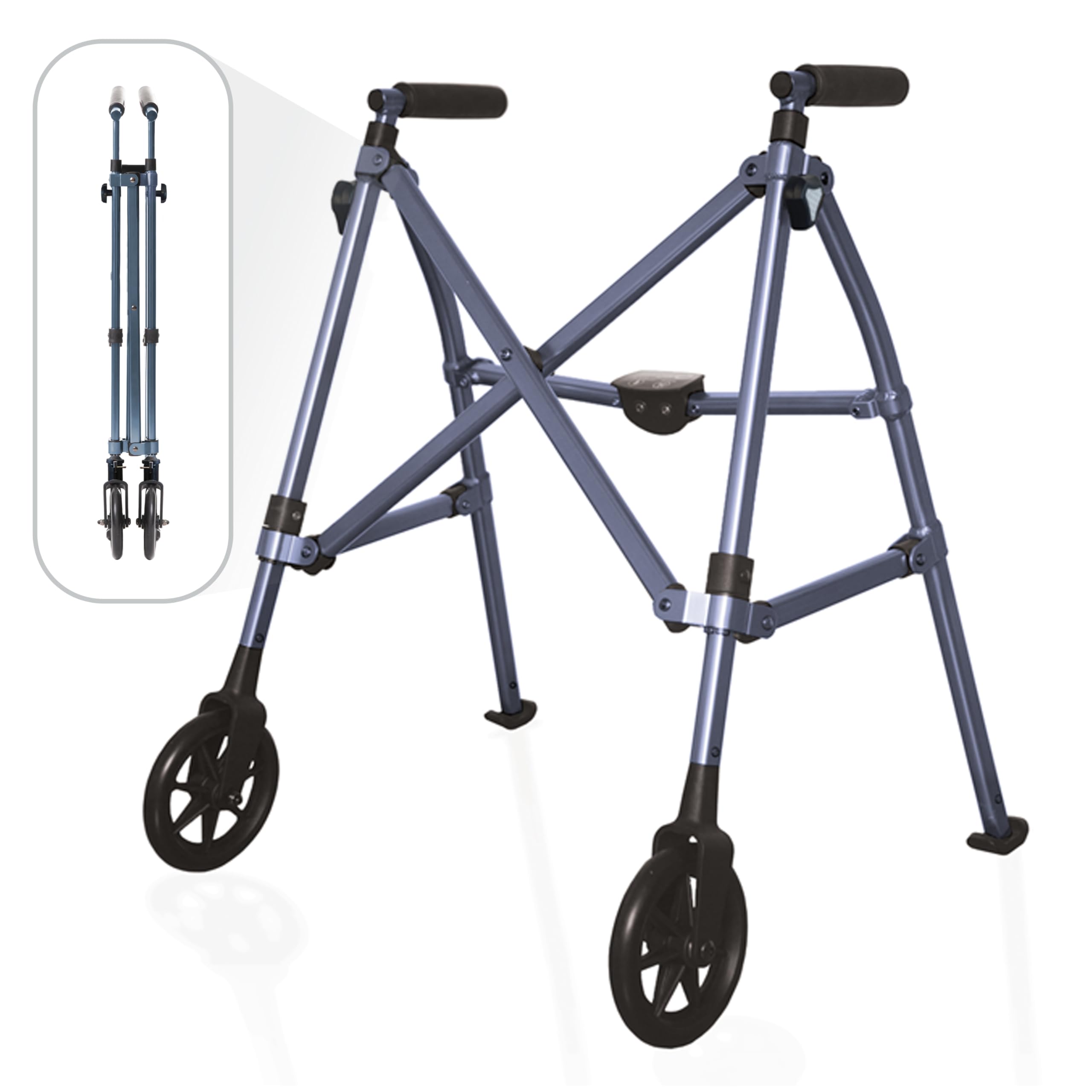 Stander Wonder Walker Short, Junior Lightweight Foldable Space Saver Rolling Walker for Adults, Seniors, and Elderly, Petite Walker with 6-inch Wheels and Ski Glides for Mobility Support, Cobalt Blue
