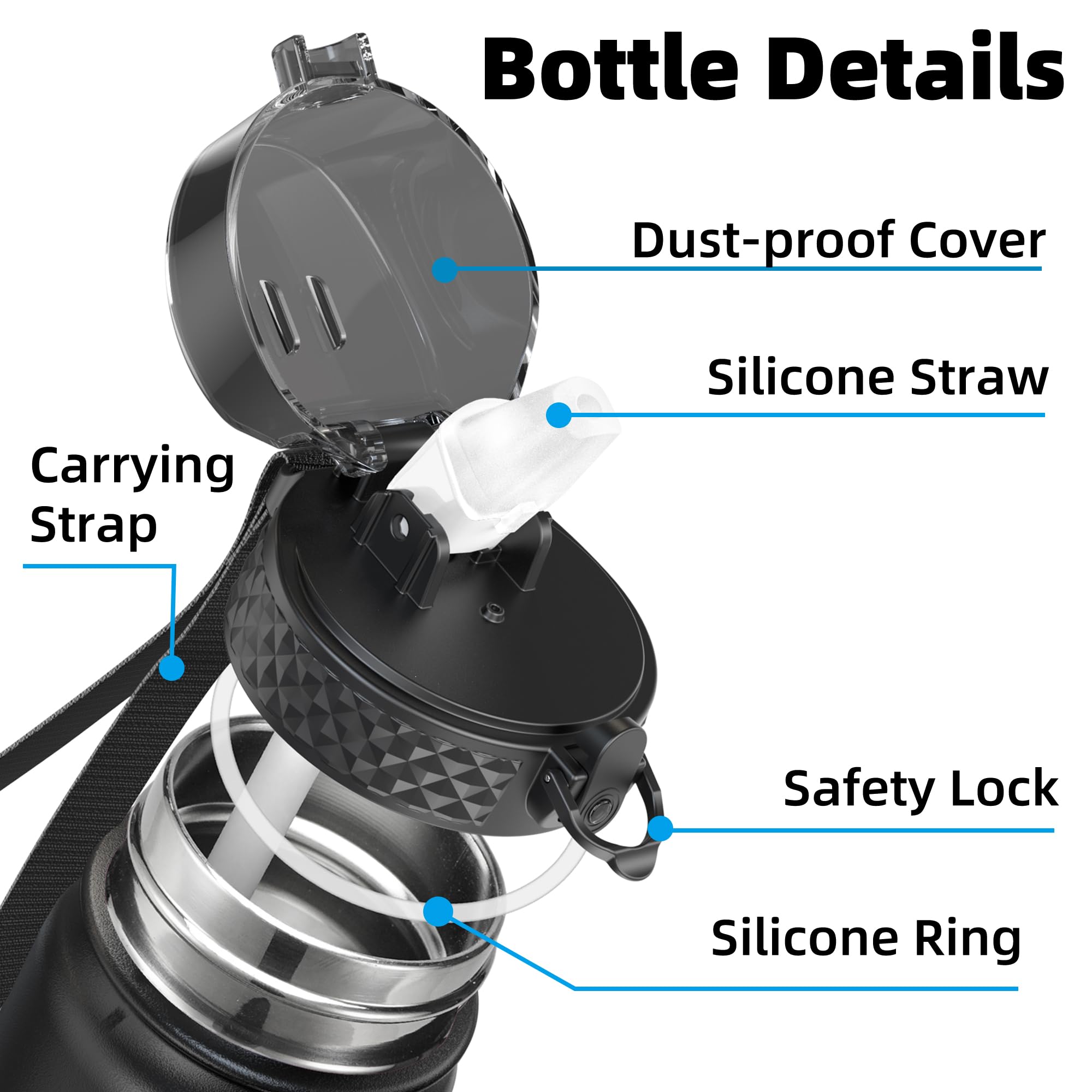 OLDLEY Stainless Steel Water Bottle with Straw 1L Vaccum Insulated Large Drink Flask Metal Water Bottles 1 Litre Leakproof Keep Drinks Hot Cold for Sports Gym Travel Adult Women Men(Black Grey - Image 2