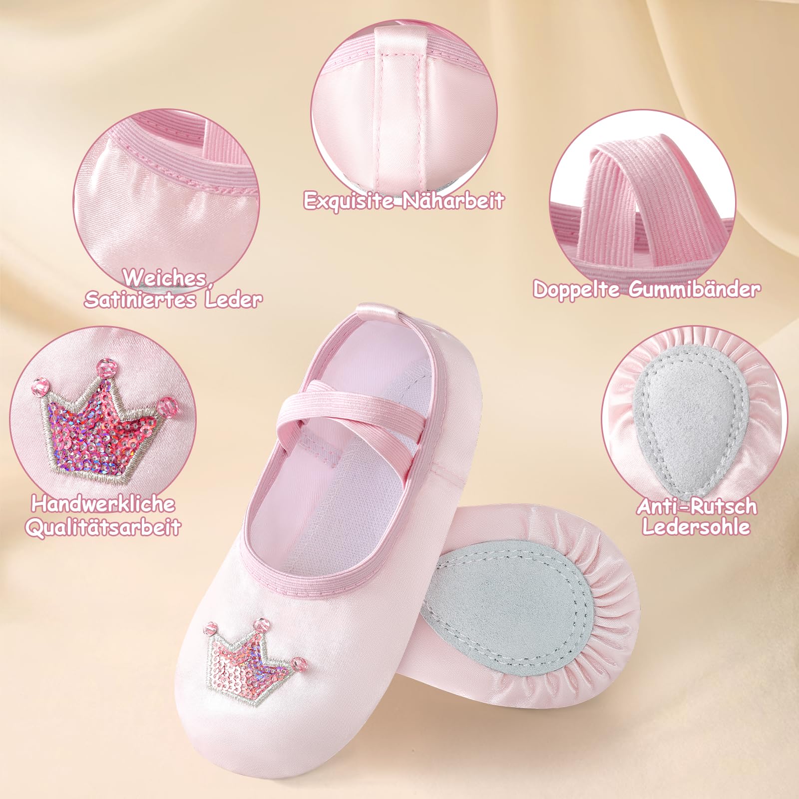 Buty baletowe dla dziewcząt, satynowe klapki baletowe z błyszczącą koroną, dzielona podeszwa, buty do tańca, buty baletowe dla dzieci, bez krawata, baleriny