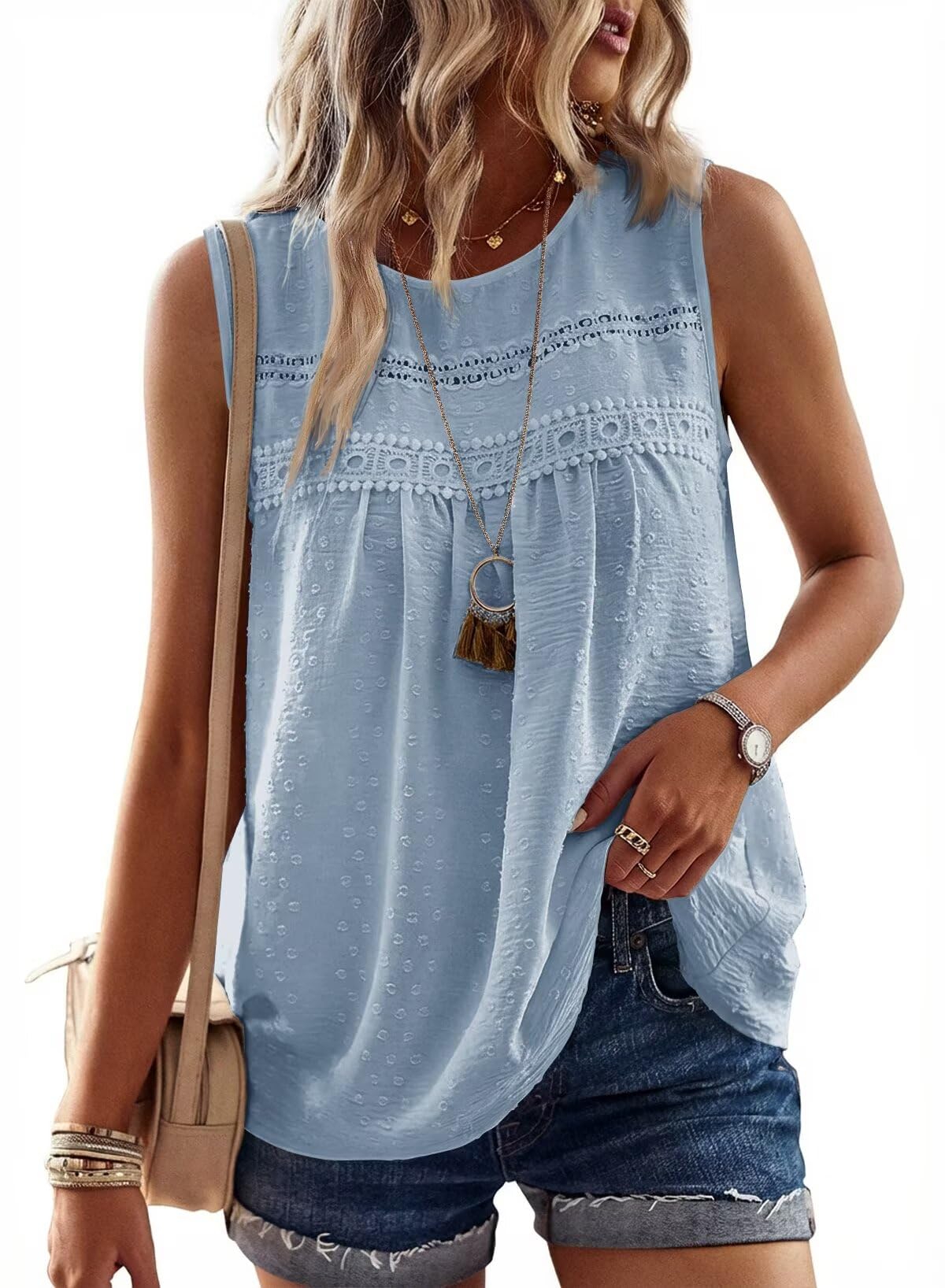 TUUHAW Tank Top Damen Sommer Boho Bluse Ärmellose Oberteile Fließend Elegant Rundhal T Shirt Lässig Basic Sexy Spitze Outfits
