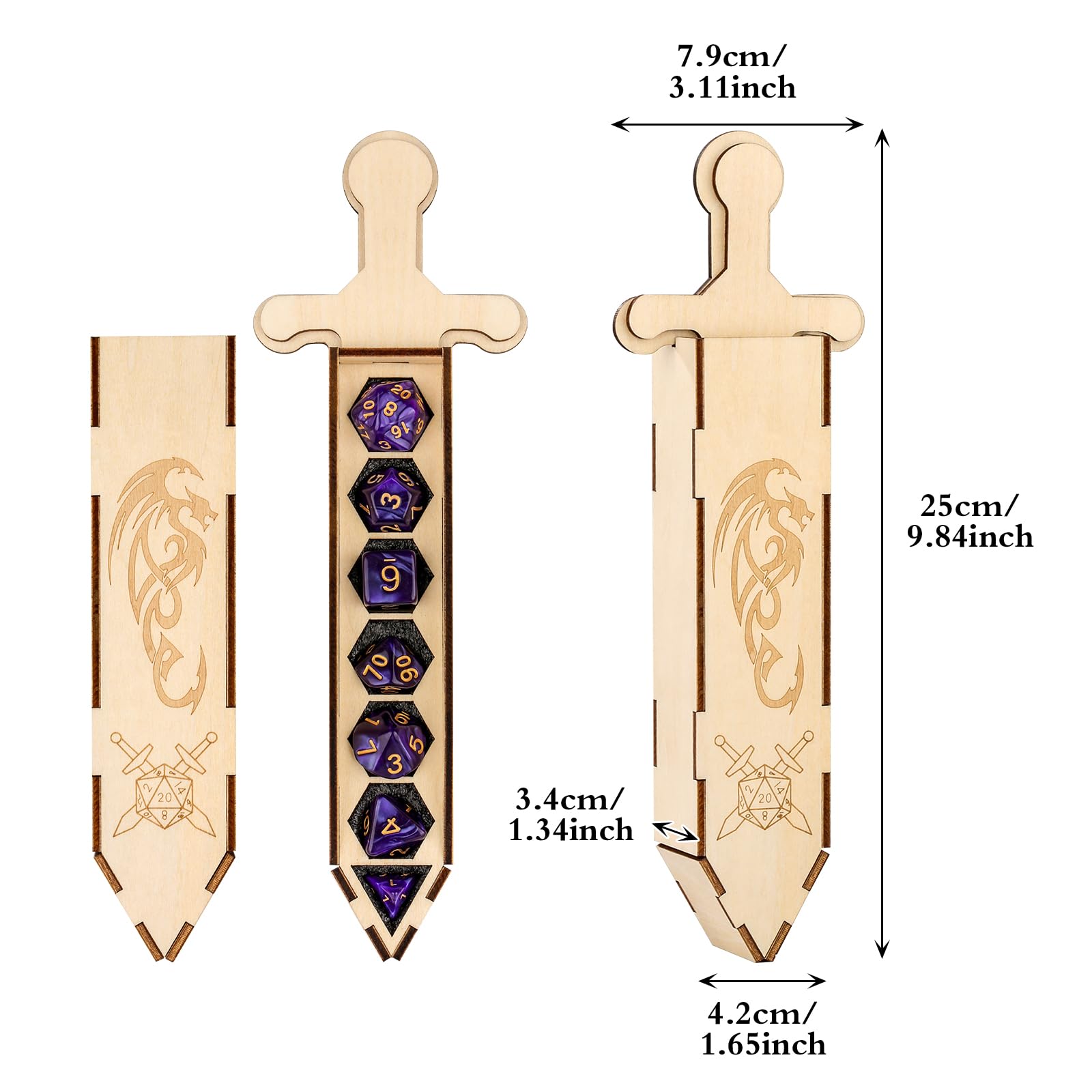 Portadadi a forma di spada con 7 dadi poliedrici viola, Contenitore in legno per accessori D&D, Scatola portaoggetti per giochi di ruolo, Set regalo per giochi da tavolo fantasy