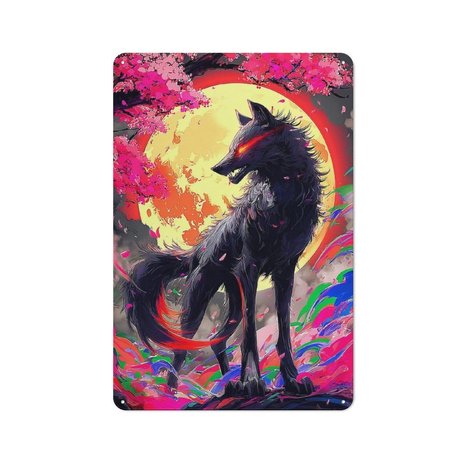 Junmoney Wolf Under Cherry Blossom Moon Modern Retro Metal Wall Decor 30X20cm, Metal Wall Sign For Loft, Studio, Office Or Creative Room