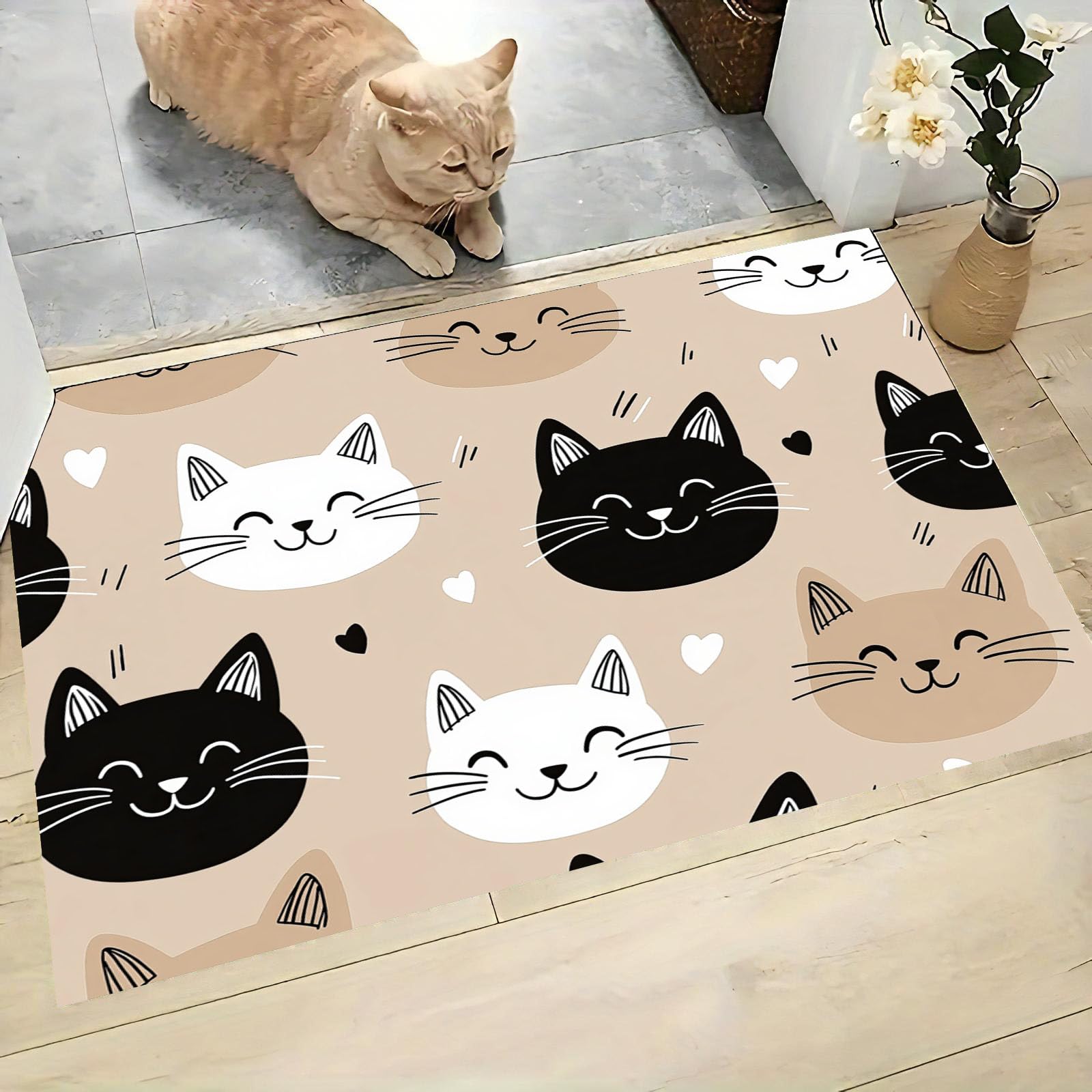 Tapis d'entrée d'intérieur chat mignon beige 60x90cm lavable