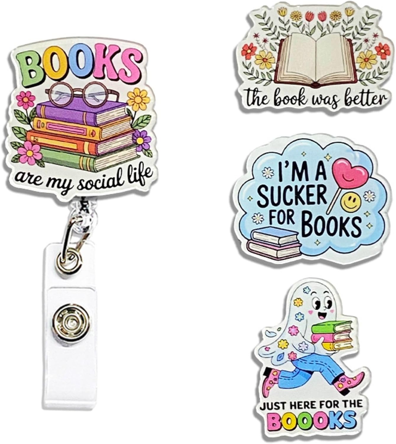 (4PCS) Books are My Social Life Badge Reels Retractable, Name Badge Holder Reel ID Clip, Book Lover Bookish Bookworm Pediatric Decorative Gifts for Readers Nurses Office Worker Teacher Student