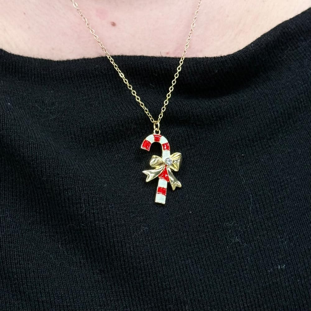 Kokoma Candy Cane Pendant Necklace for Women Cubic Zirconia Bowknot Link Chain Adjustable Stacking Christmas Choker Necklace Fashion Xmas Accessory Jewelry - Image 3