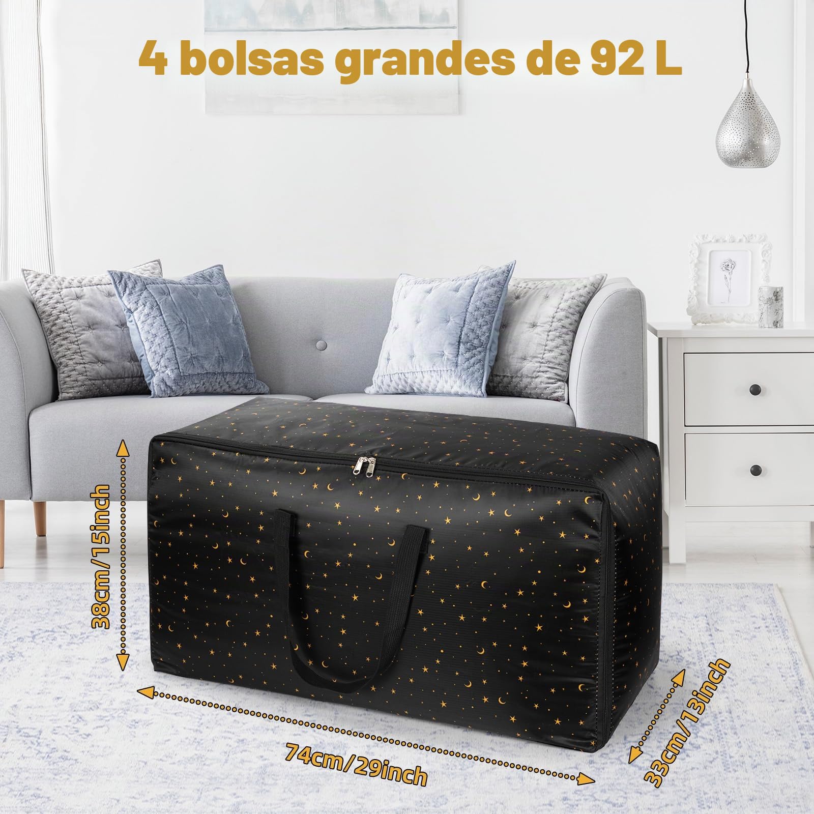 Paquete de 4 cajas de almacenamiento extragrandes con tapas, grandes cajas de mudanza resistentes e impermeables para ropa, bolsas de almacenamiento con cremalleras para la casa