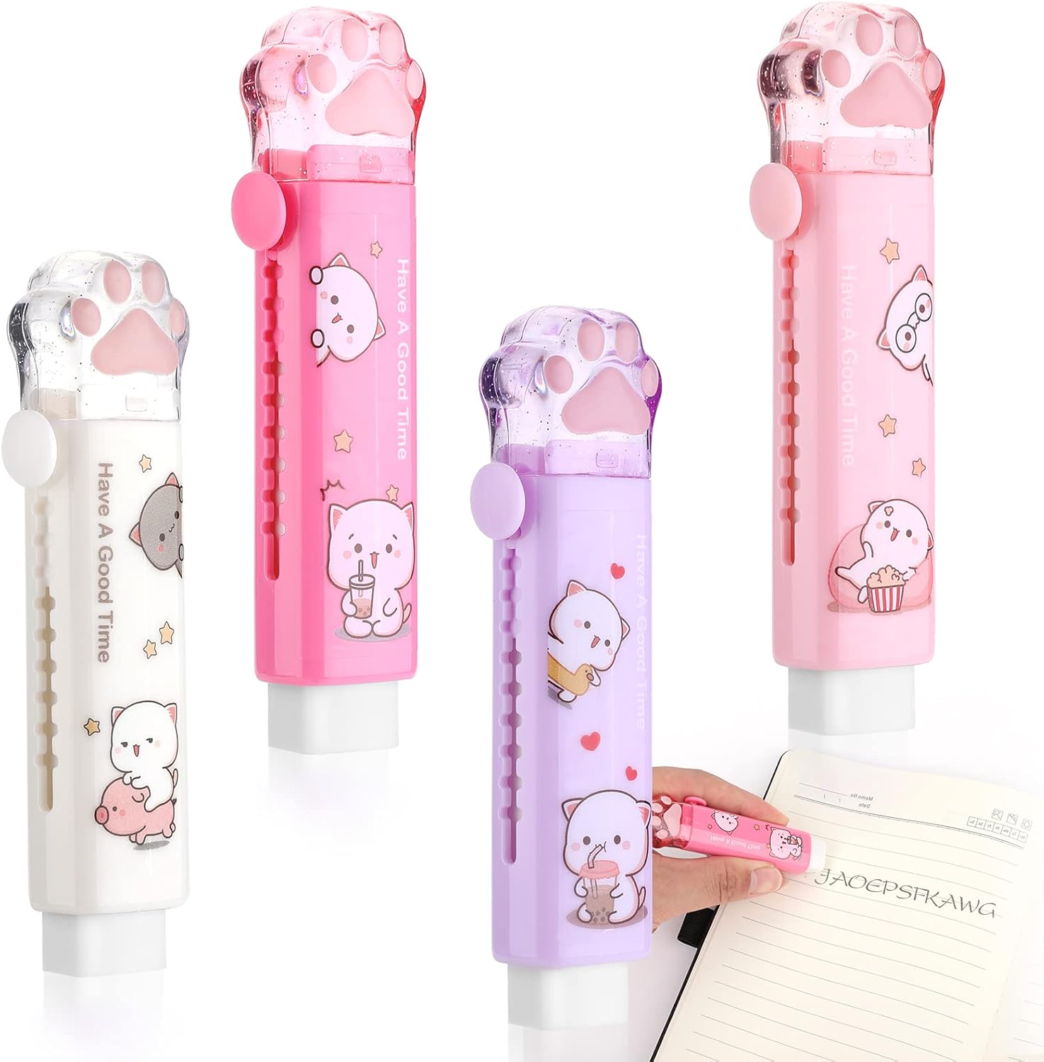 Molain Cute Erasers, 4 Pcs Kawaii Cat Paw Erasers for Kids Retractable