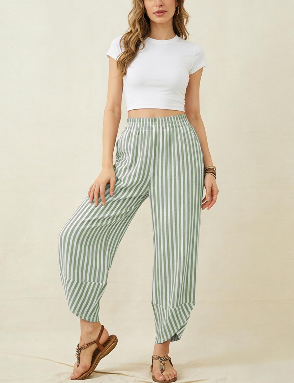 Athlisan Women's Wide Leg Striped Palazzo Pants Summer Elastic Waist Baggy Casual Lounge Trousers with Pockets - Image 4