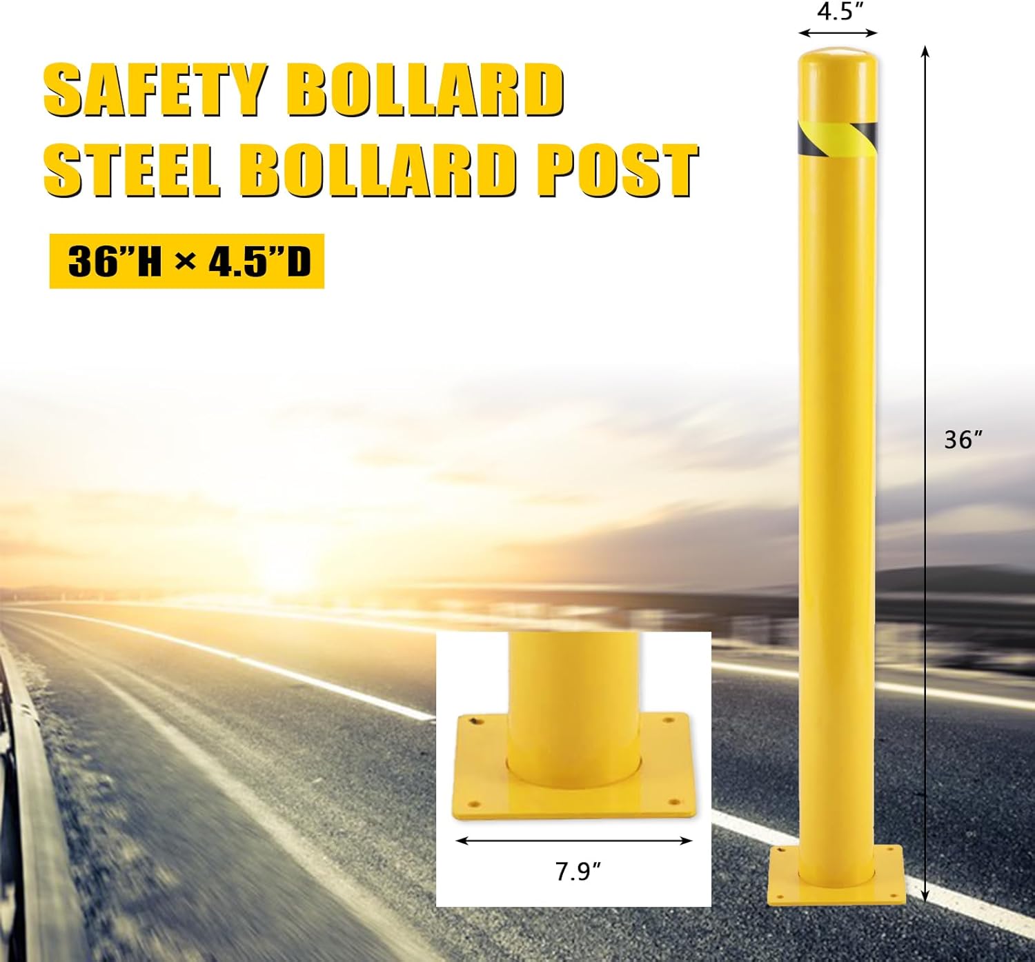Safety Bollard 4-1/2" OD 36" Height Safety Barrier Bollard Yellow Powder Coat Pipe Steel Safety Barrier with 4 Free Anchor Bolts for Traffic-Sensitive Area