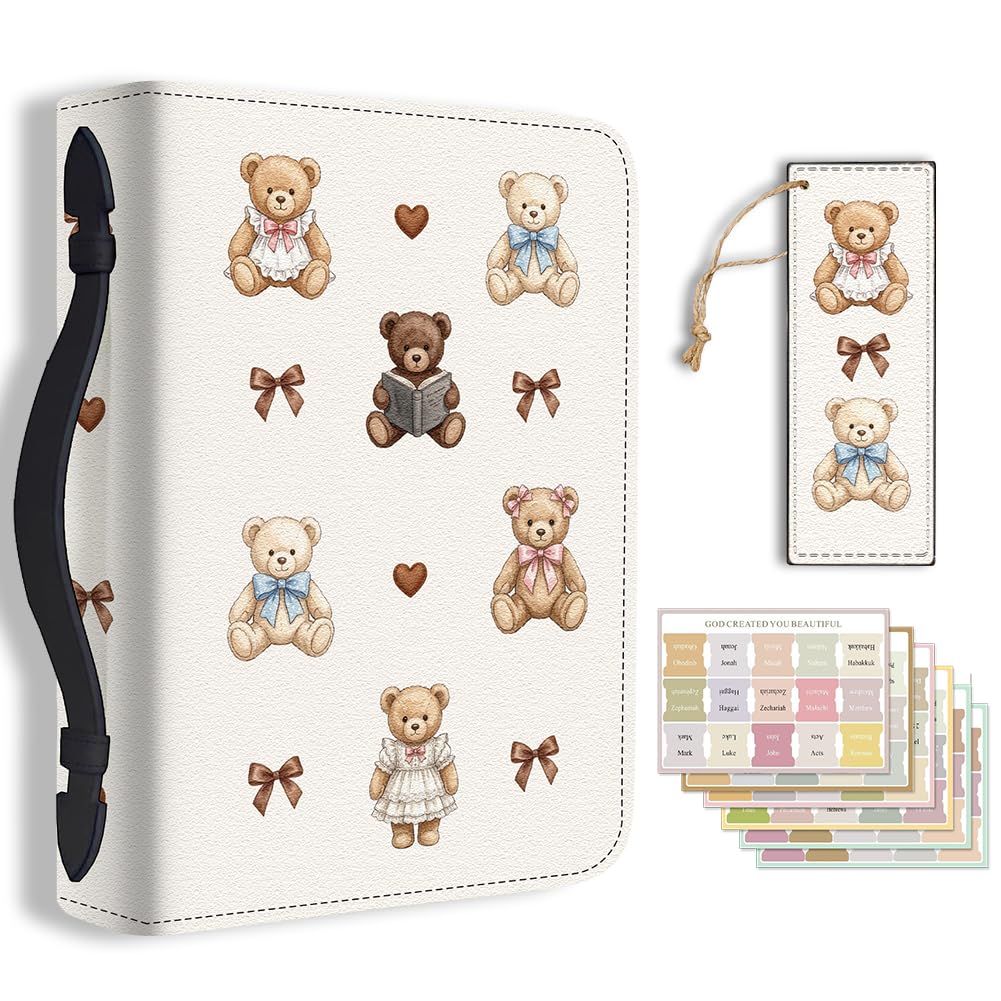 TNKBREEZE Women's Bible Cover Cute Little Bear PU Leather Book Carrying Bag with Bookmark Bows Inspirational Bible Book Case with Handle & Zipper Christian Gifts Church Study Supplies 11.2×8×2.3inch