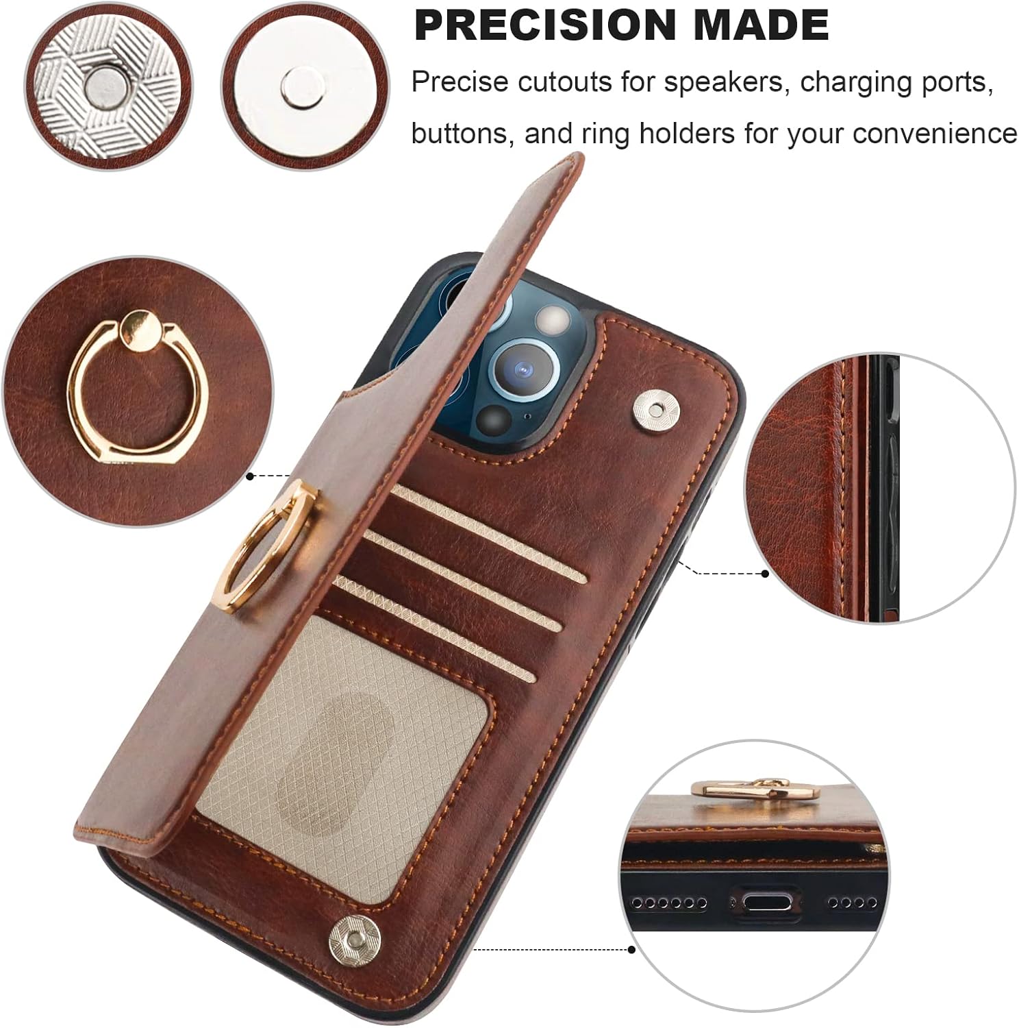 ONETOP for iPhone 13 Pro Max Wallet Case with Card Holder, 360° Rotation Ring Kickstand RFID Blocking PU Leather Double Magnetic Clasp Shockproof Cover for Women and Girls 6.7 Inch (Brown) - Image 8