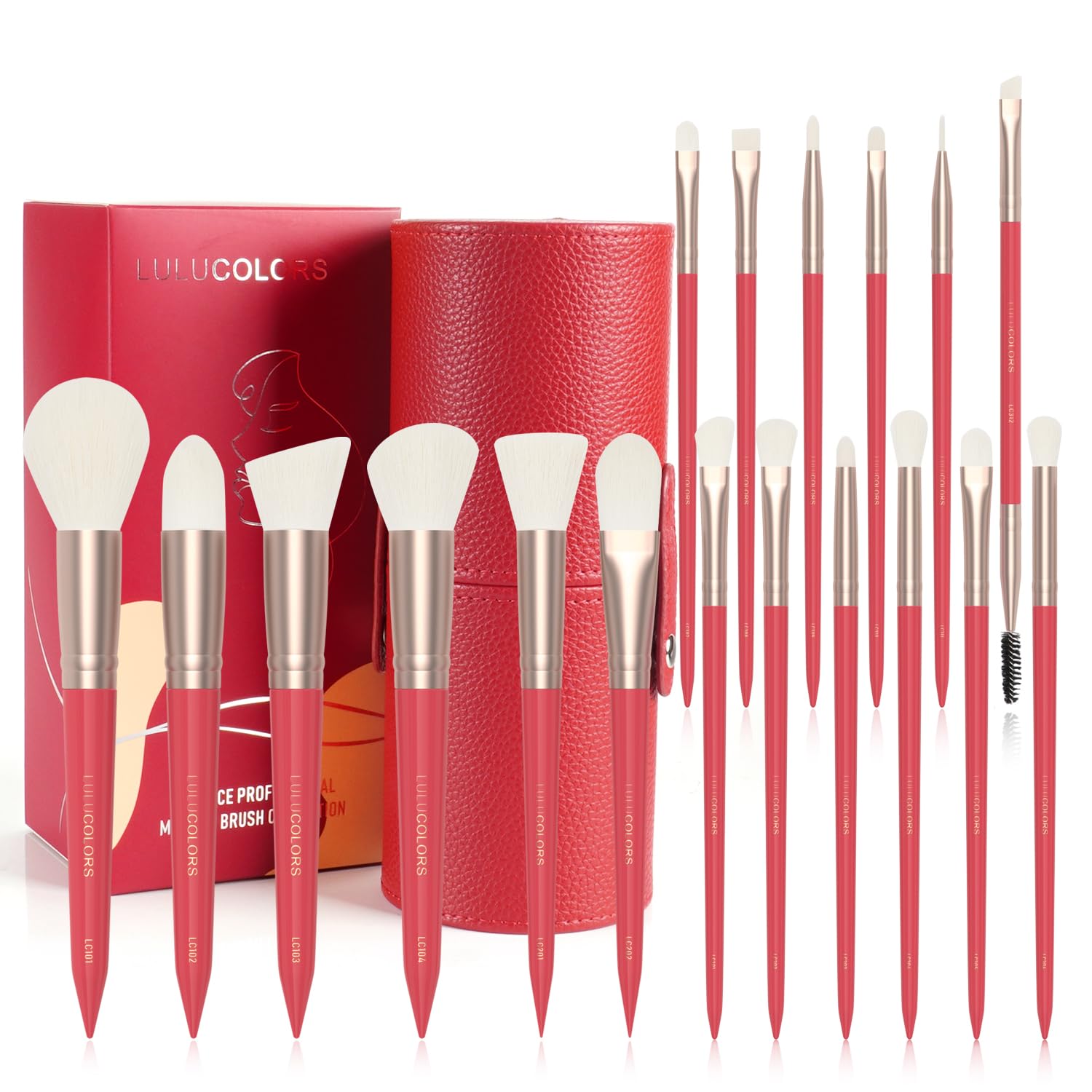 LULUCOLORS Juego de 18 brochas de maquillaje, juego de brochas de maquillaje con mango de madera, incluye base, contorno, sombra de ojos, delineador de ojos y brochas de labios, brochas con soporte