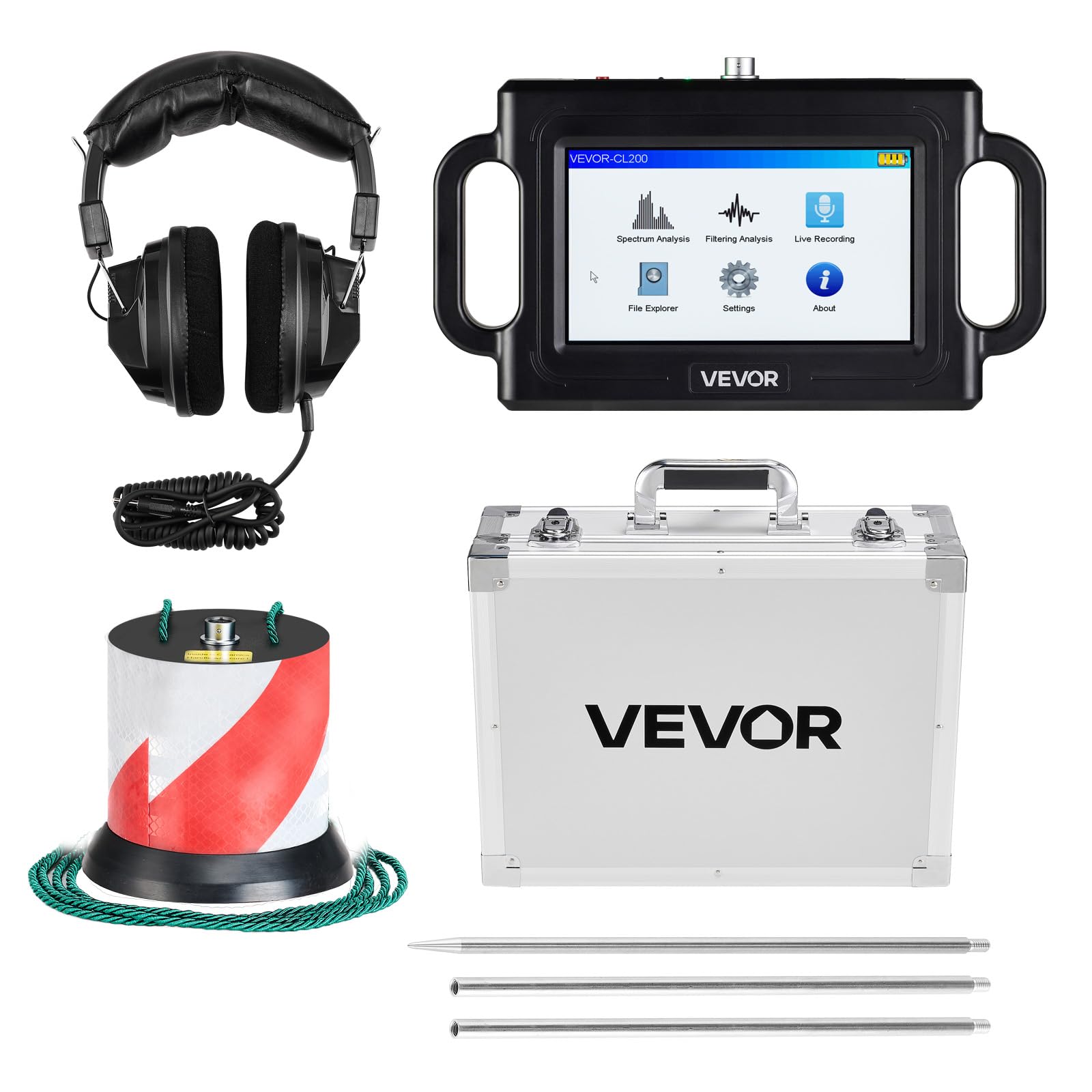 VEVOR Pipe Water Leak Detector, 1Hz-5000Hz, 7" Touchscreen Pipeline Leakage Detection Locator for 6.6FT (2m) Underground Plumbing – with Sensor, 3 Listening Rods, Headphones, 8GB Card & Carr