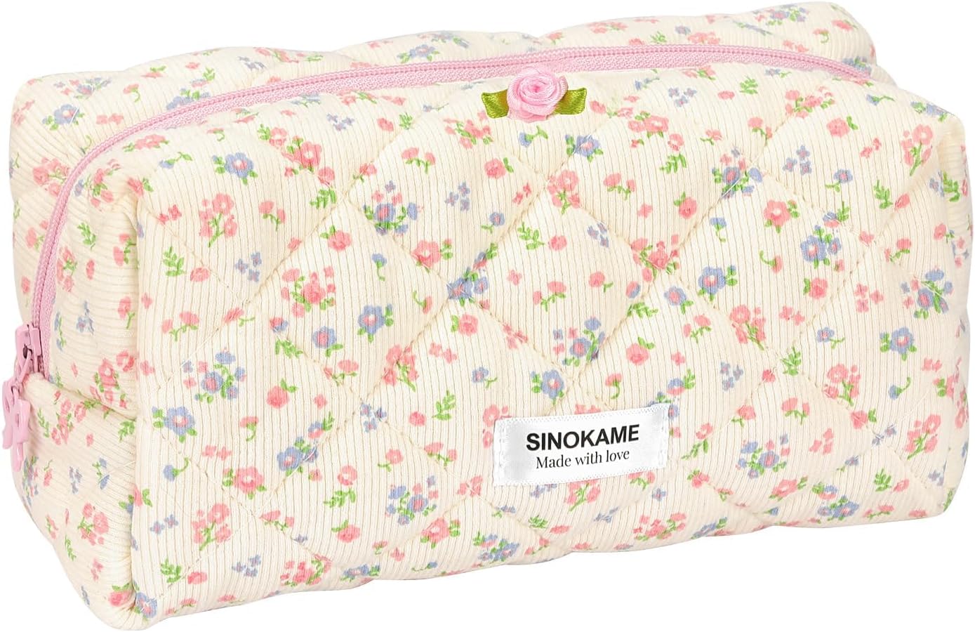 Quilted Coquette Travel Makeup Bag, Large Capacity Puffy Cotton Cosmetic Bag Toiletry Organizer for Women Reusable Washable Aesthetic Floral Pouches Handmade,Floralwhisper