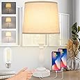 Modern Touch Control Dimmable Table Lamps with 2 USB Ports for Living Room Set of 2, 3-Way Dimmable Bedside Lamps with White Fabric Drum Shades for Reading Bedroom Nightstand Hotel, LED Bulbs Included