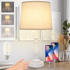 Modern Touch Control Dimmable Table Lamps with 2 USB Ports for Living Room Set of 2, 3-Way Dimmable Bedside Lamps with White Fabric Drum Shades for Reading Bedroom Nightstand Hotel, LED Bulbs Included