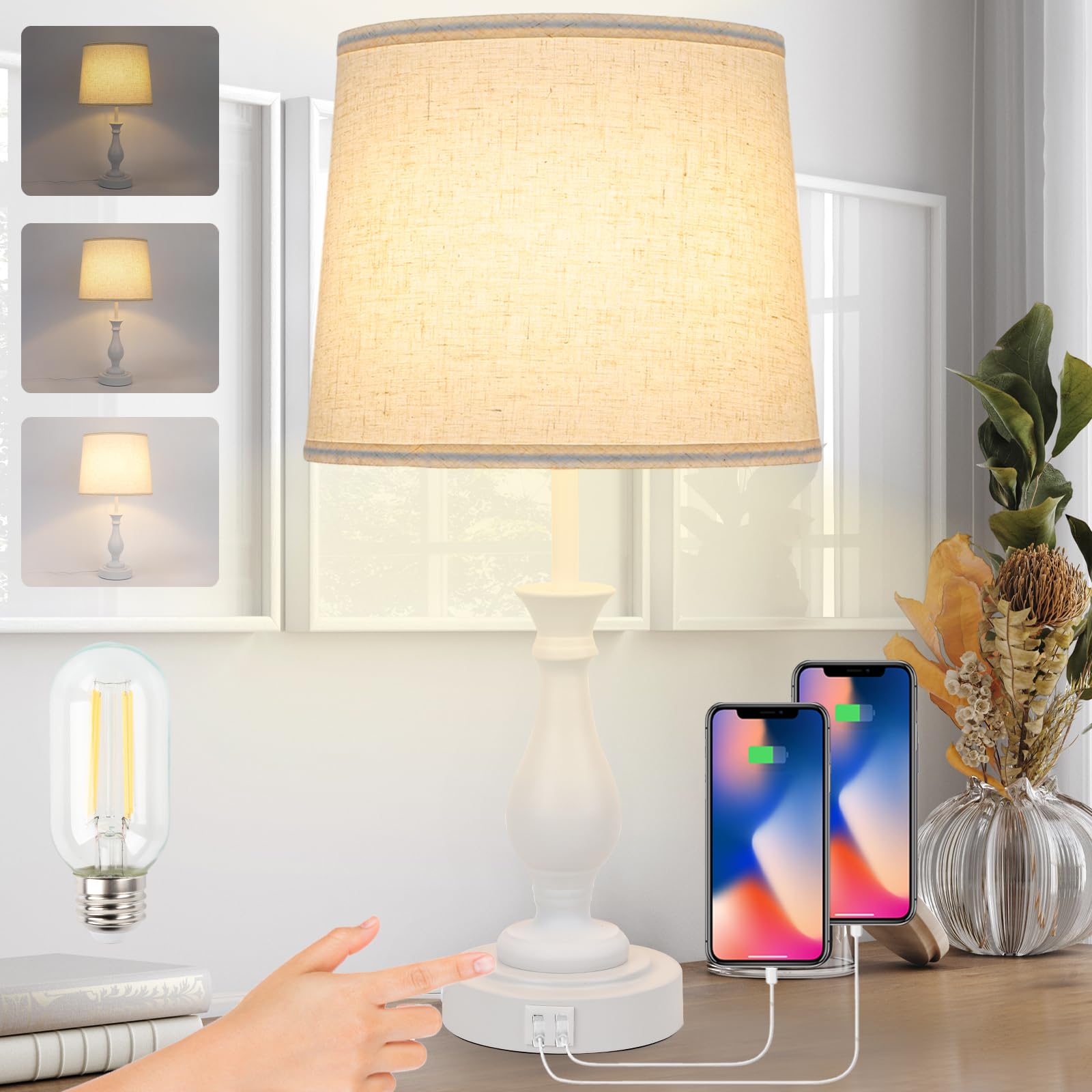 Farmhouse Table Lamp Touch Control 3-Way Dimmable Table Lamp, Modern Nightstand Lamp with 2 USB Port Bedside Desk Lamp with Fabric Shade for Living Room Bedroom Hotel (Pack-01 White)