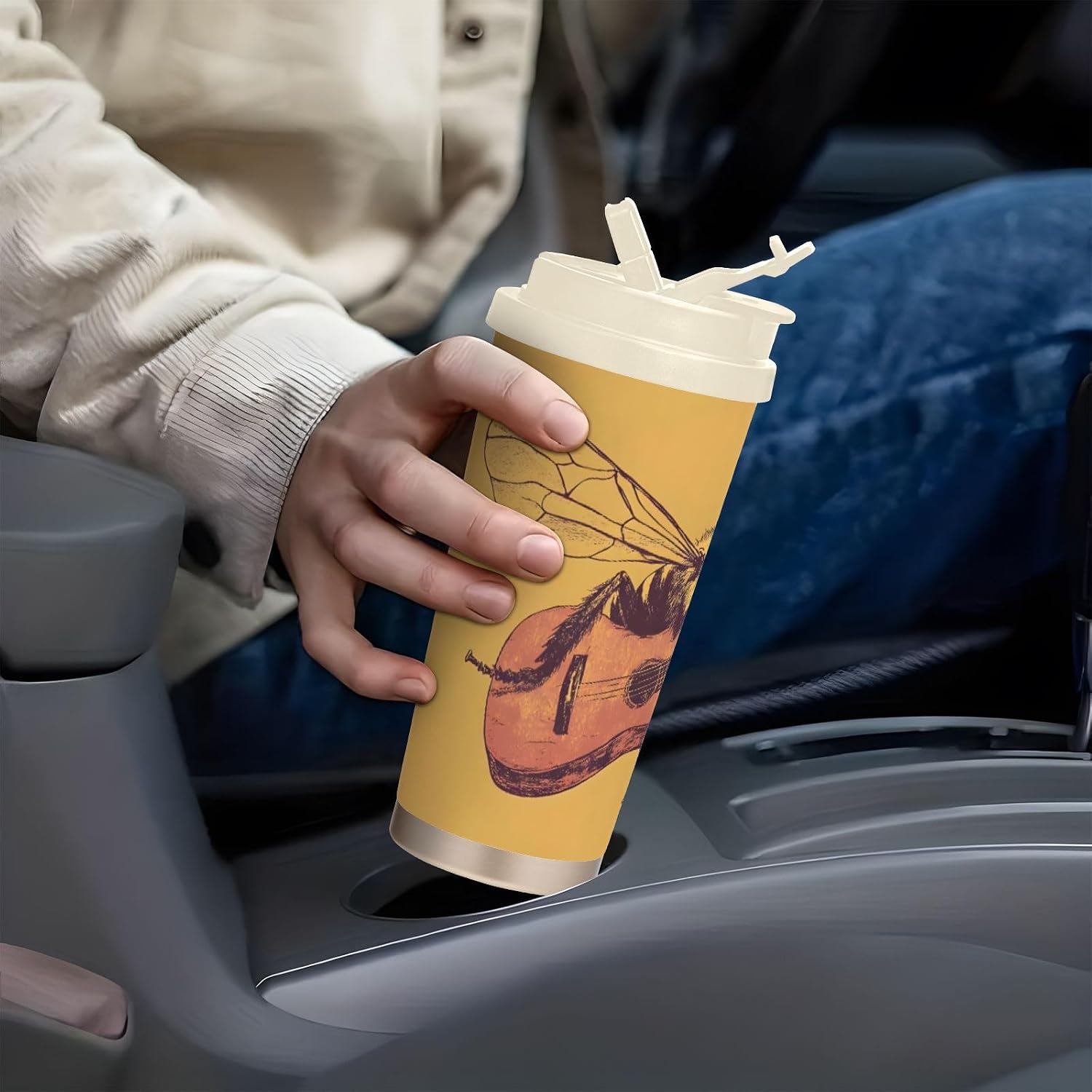 Bee Guitar Insulated Coffee Mug with Straw & Flip Lid, 16.9oz Iced Tumbler Cup, Double Wall Vacuum Mug for Travel Office