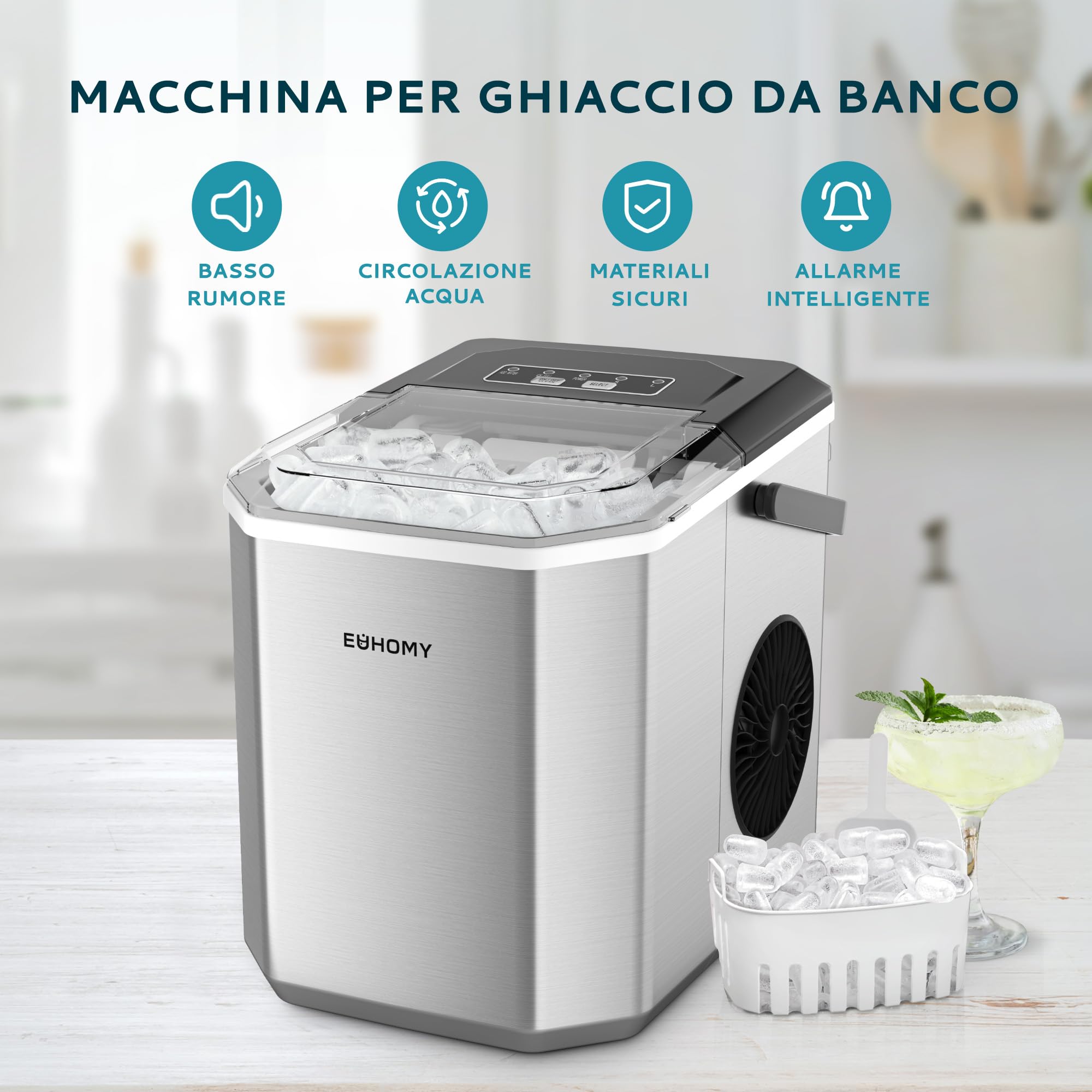 EUHOMY Macchina per il Ghiaccio: 9 Cubetti in 6 Minuti, Macchina del Ghiaccio Casa Autopulente, 2 Dimensioni di Ghiaccio,12KG/24H con Maniglia/Paletta/Cestello, Acciaio Inossidabile