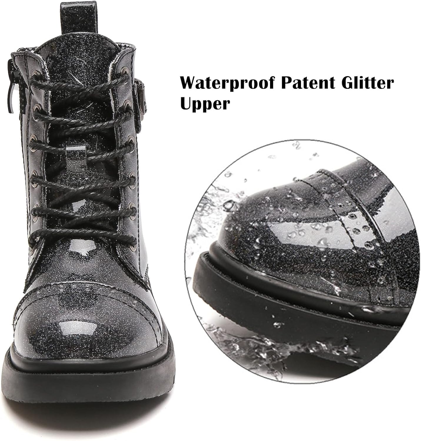 kkdom Boys Girls Waterproof Outdoor Glitter Lace Up Side Zipper Mid Calf Combat Boots(Toddler/Little Kid/Big Kid)