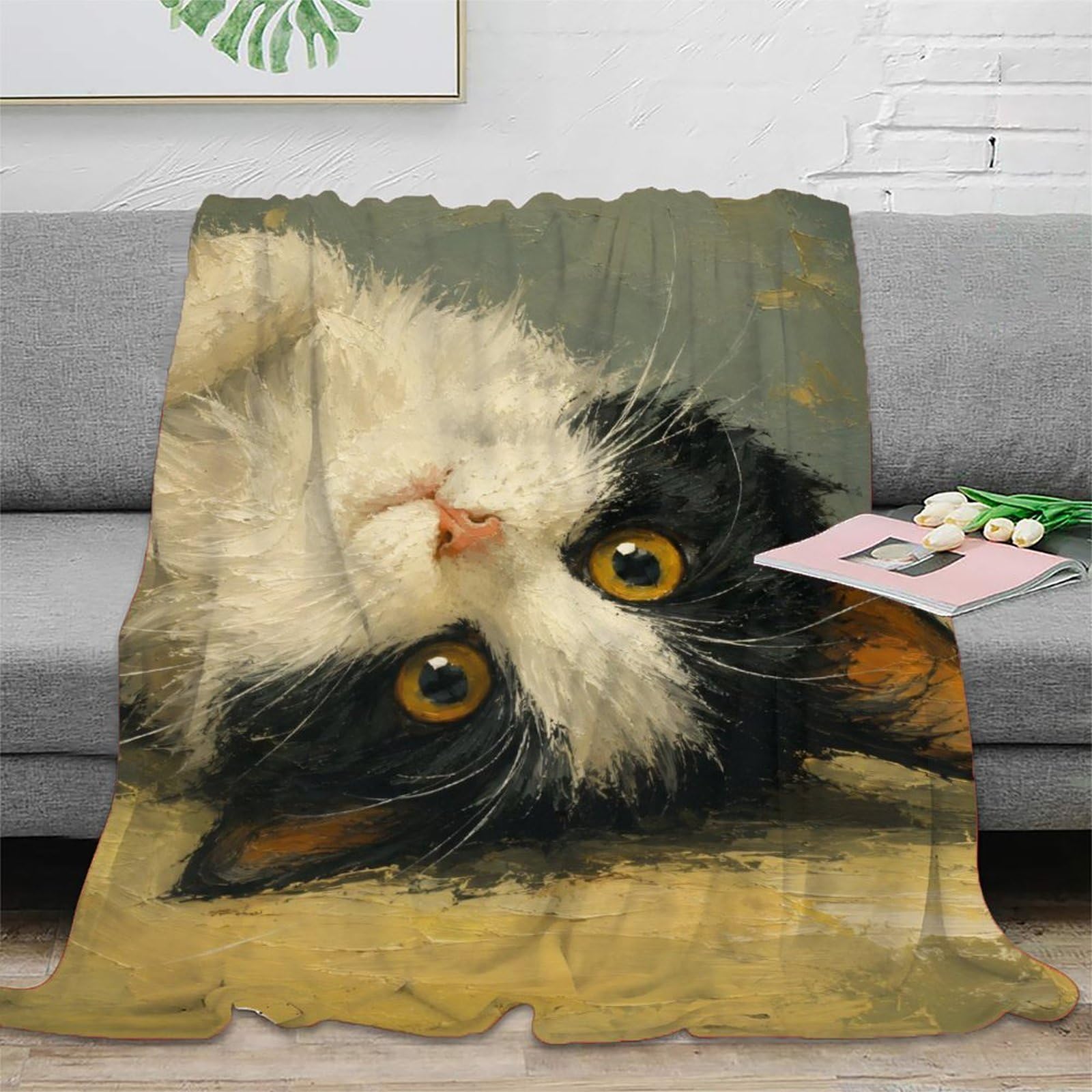 H3B8U2Y5 Playful Tuxedo Cat Portrait Throw Blanket, Flannel, Bedroom