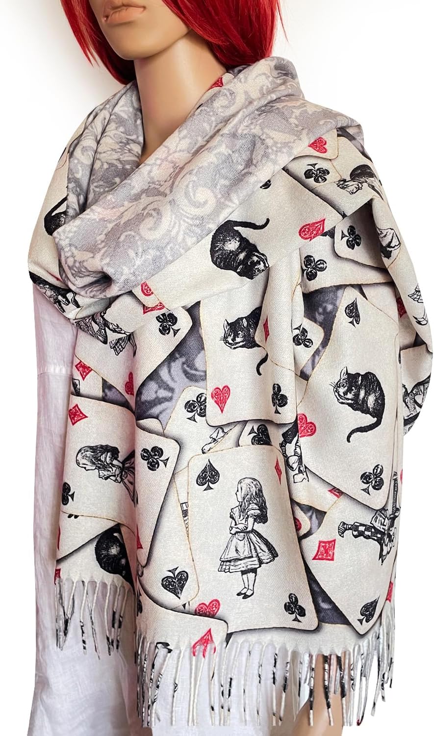 Rodaruus Alice in Wonderland Playing Card Scarf, Literary Gift for Book Lovers, Cozy Wrap Featuring Alice, Mad Hatter, White Rabbit, Cheshire Cat - Image 5